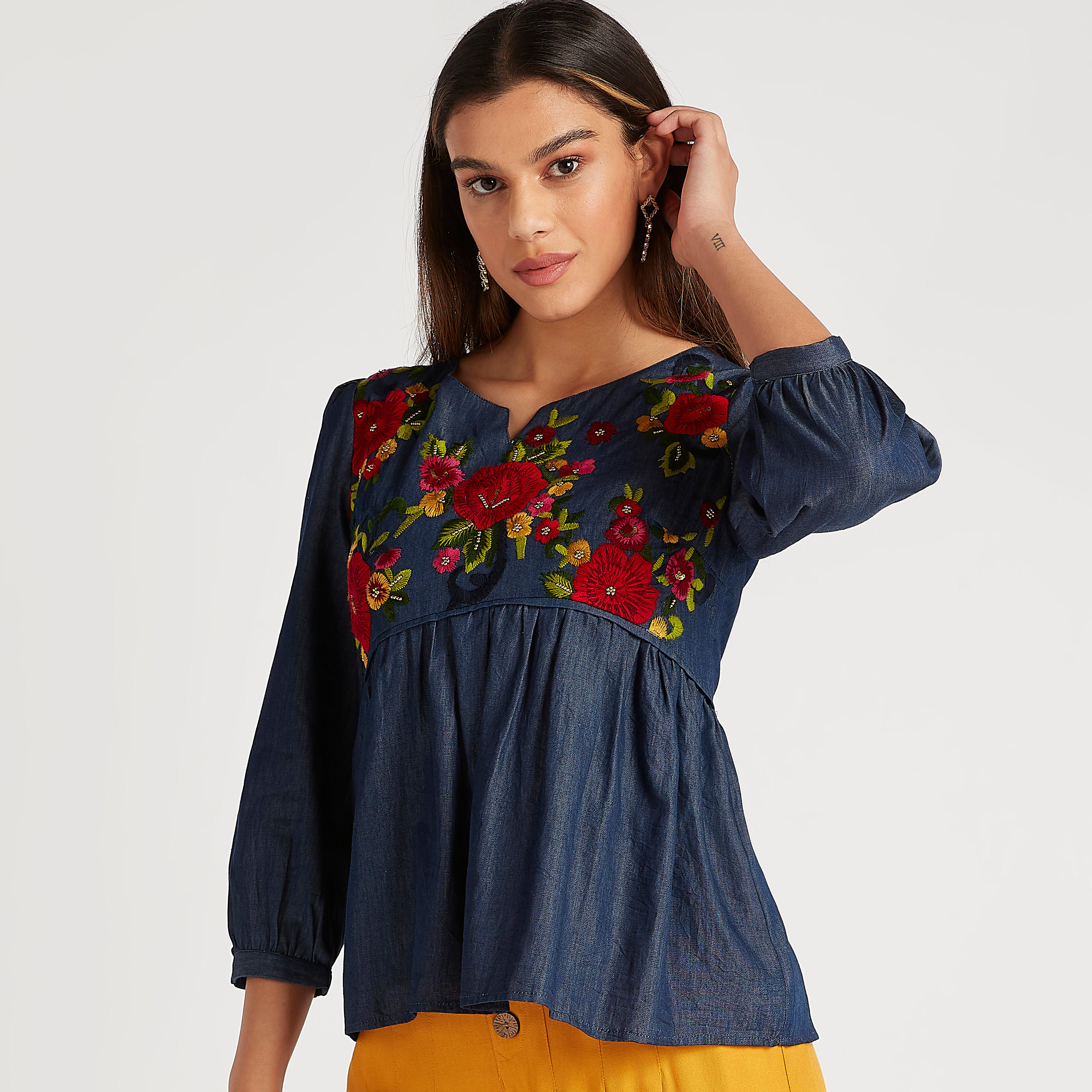 Floral Embroidered Top with 3/4 Puff Sleeves and V-neck-women-clothing-shirtsandblouses-blouses-image-1