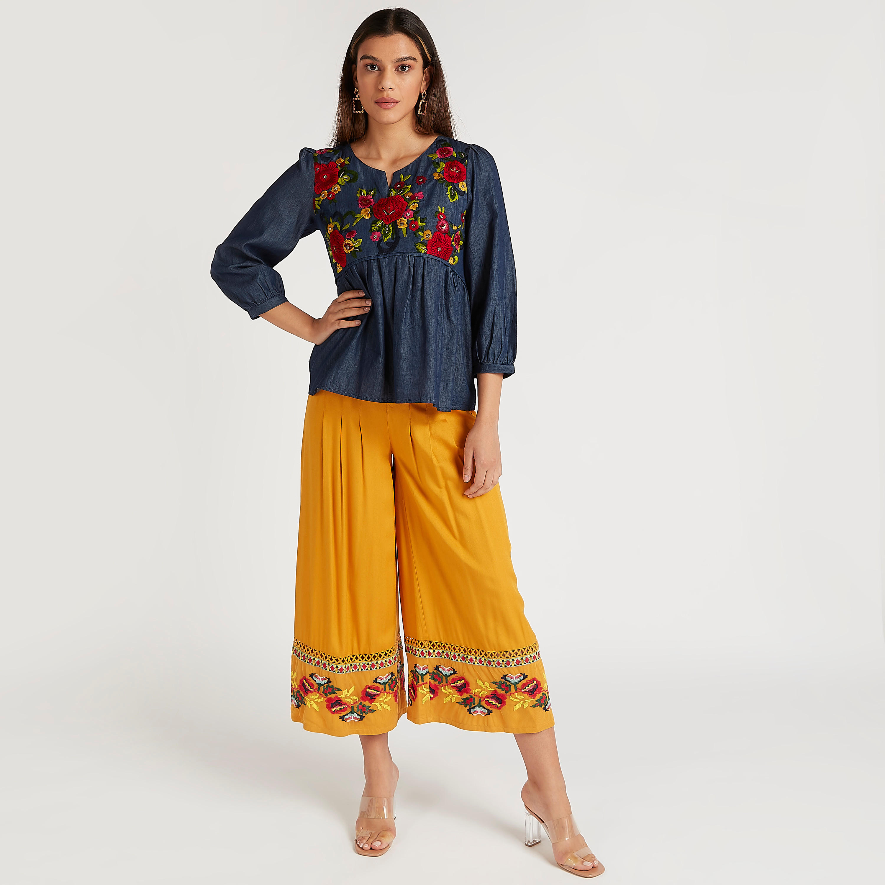 Floral Embroidered Top with 3/4 Puff Sleeves and V-neck-women-clothing-shirtsandblouses-blouses-image-2