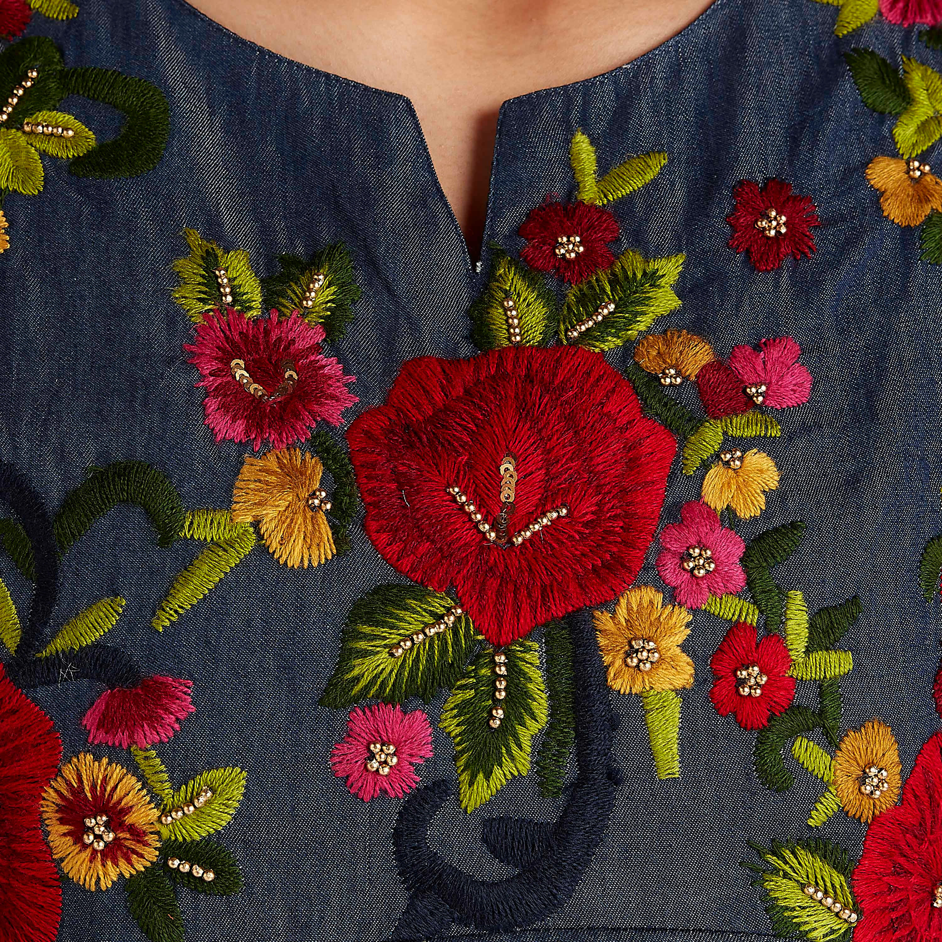 Floral Embroidered Top with 3/4 Puff Sleeves and V-neck-women-clothing-shirtsandblouses-blouses-image-3