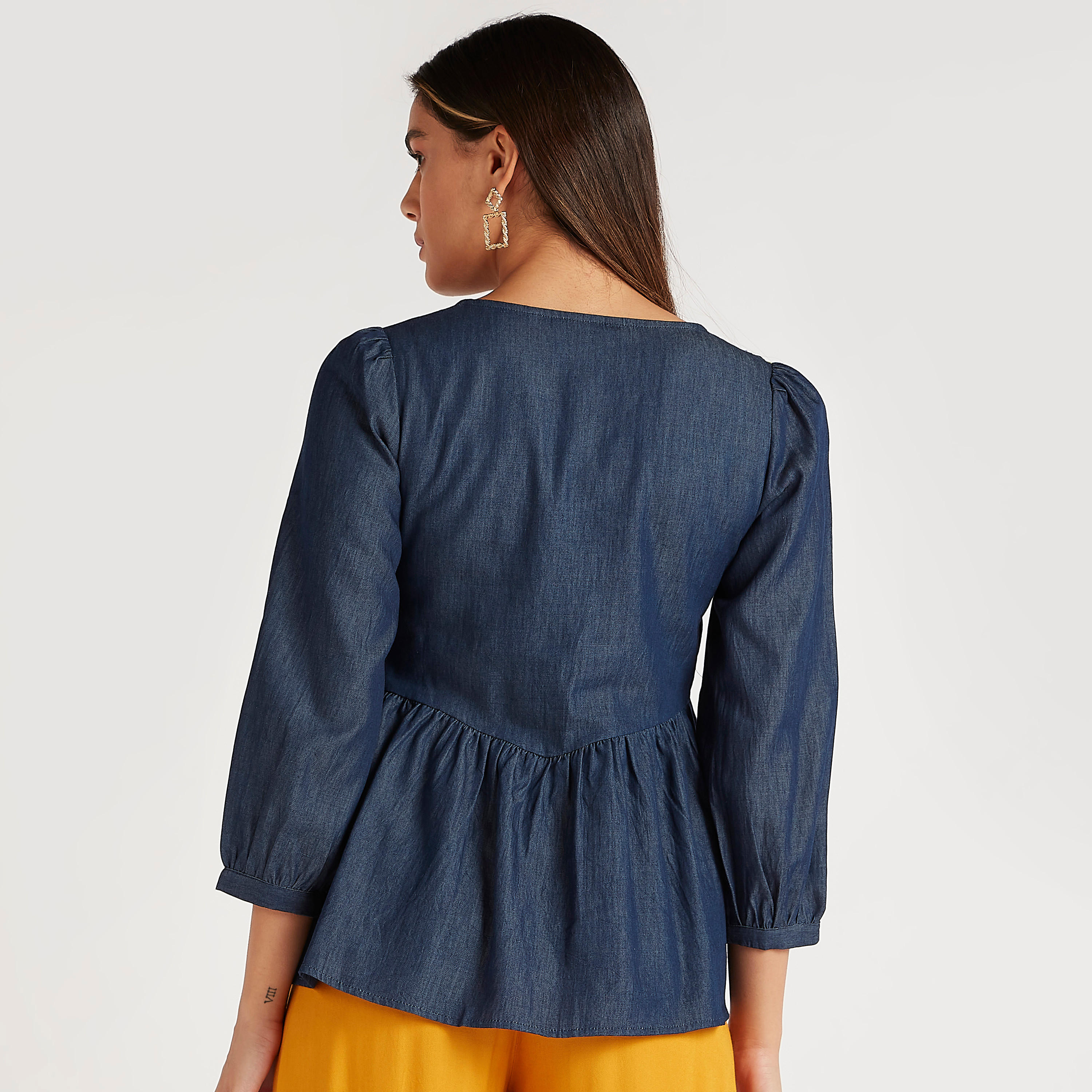Floral Embroidered Top with 3/4 Puff Sleeves and V-neck-women-clothing-shirtsandblouses-blouses-image-4