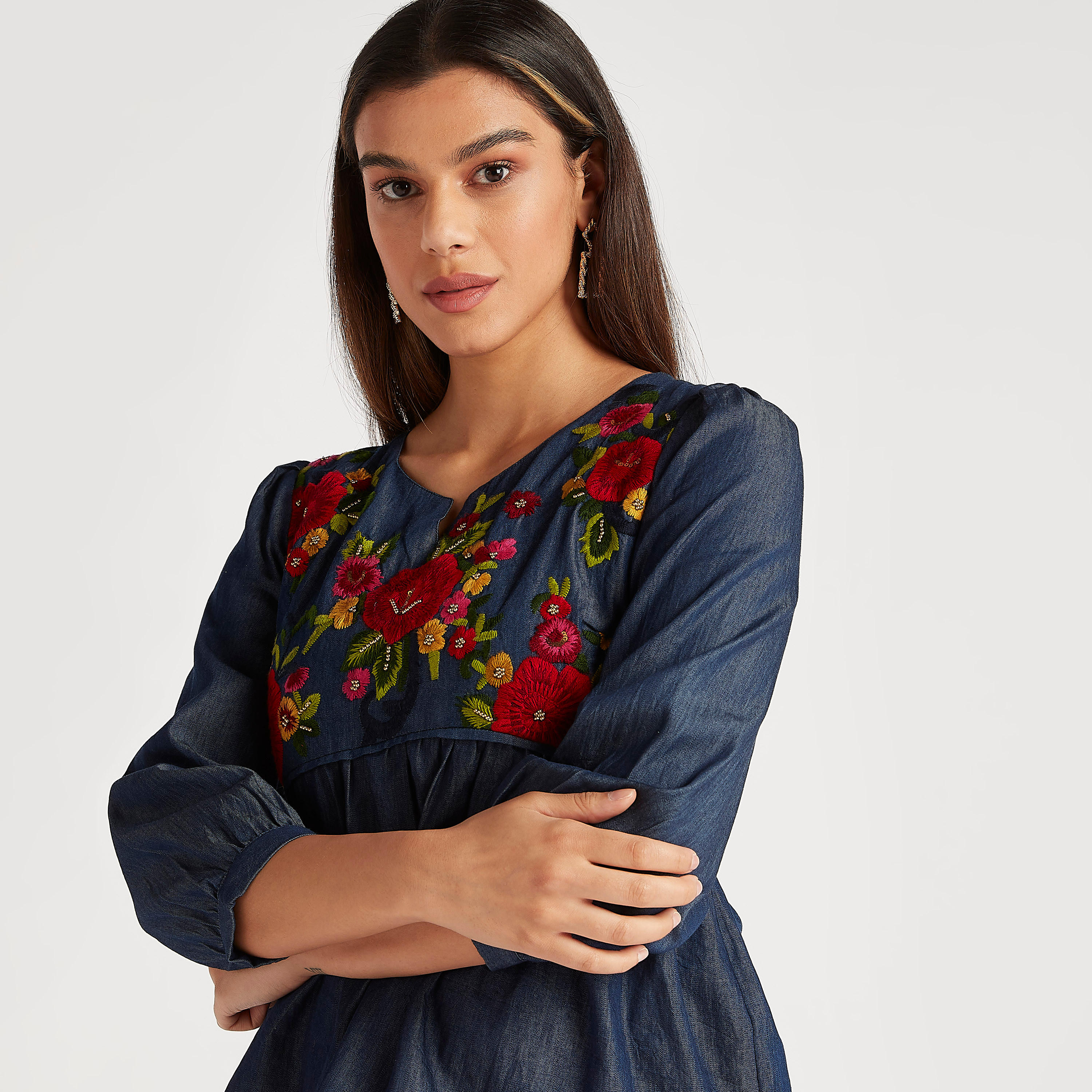 Floral Embroidered Top with 3/4 Puff Sleeves and V-neck-women-clothing-shirtsandblouses-blouses-image-5