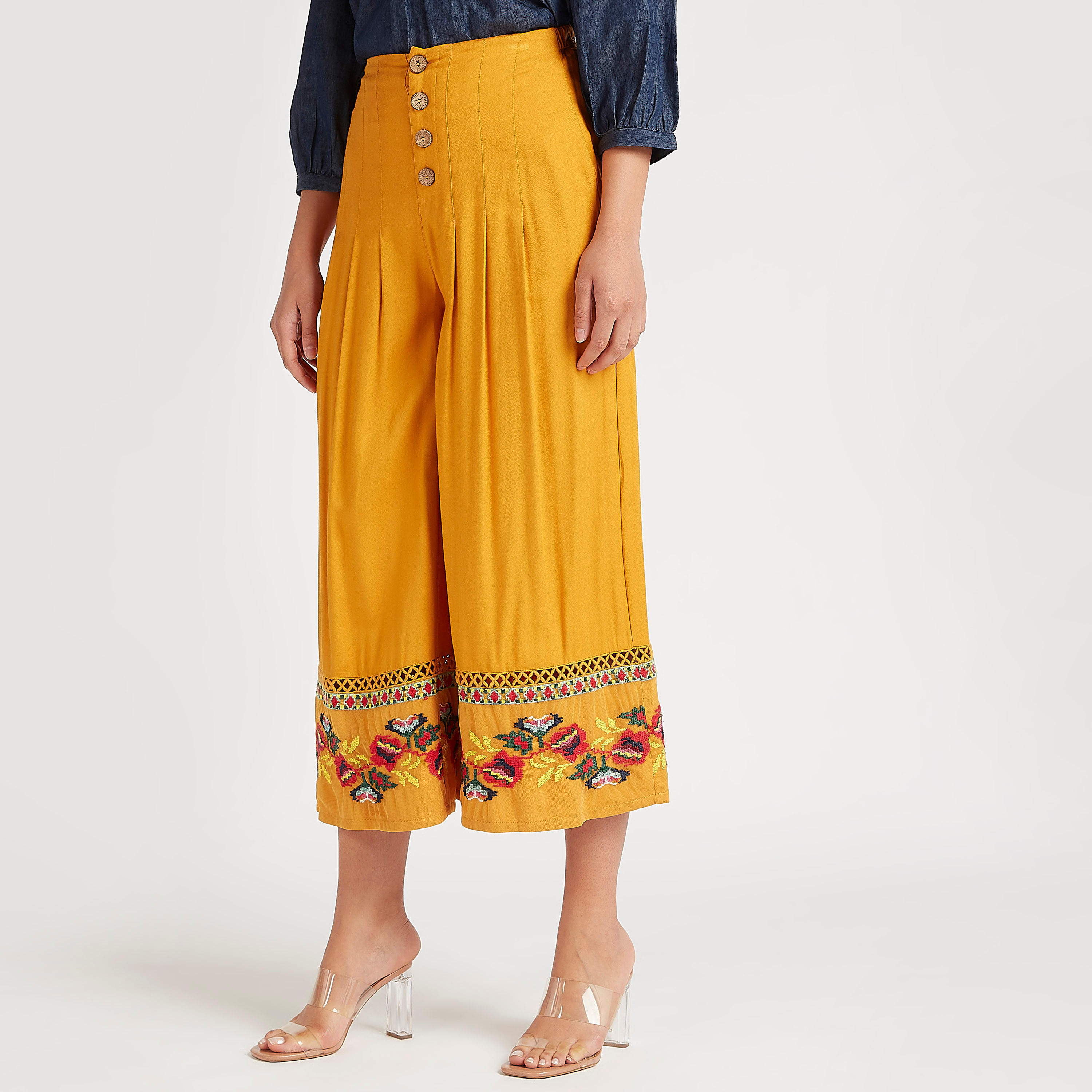 بنطلون كوليتوس مطرّز بقصّة واسعة وخصر متوسّط الارتفاع وزر إغلاق-women-clothing-bottoms-trousers-image-2