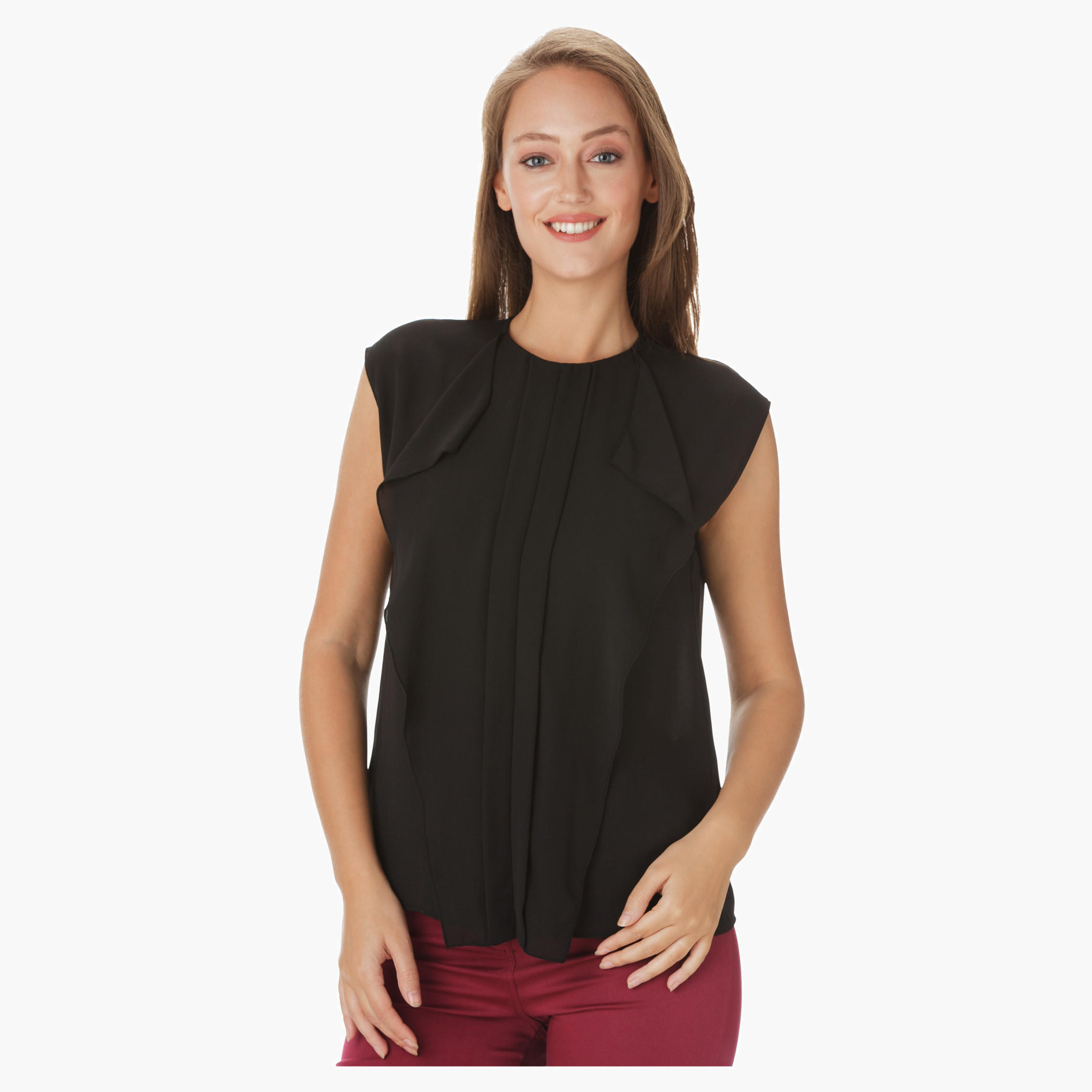 Boxy Sleeveless Blouse with Cascade Front-women-clothing-shirtsandblouses-blouses-image-1