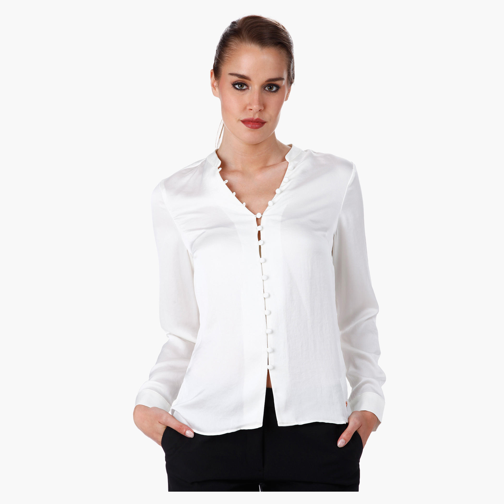 Formal Shirt with Mandarin Collar and Long Sleeves-women-clothing-shirtsandblouses-blouses-image-1