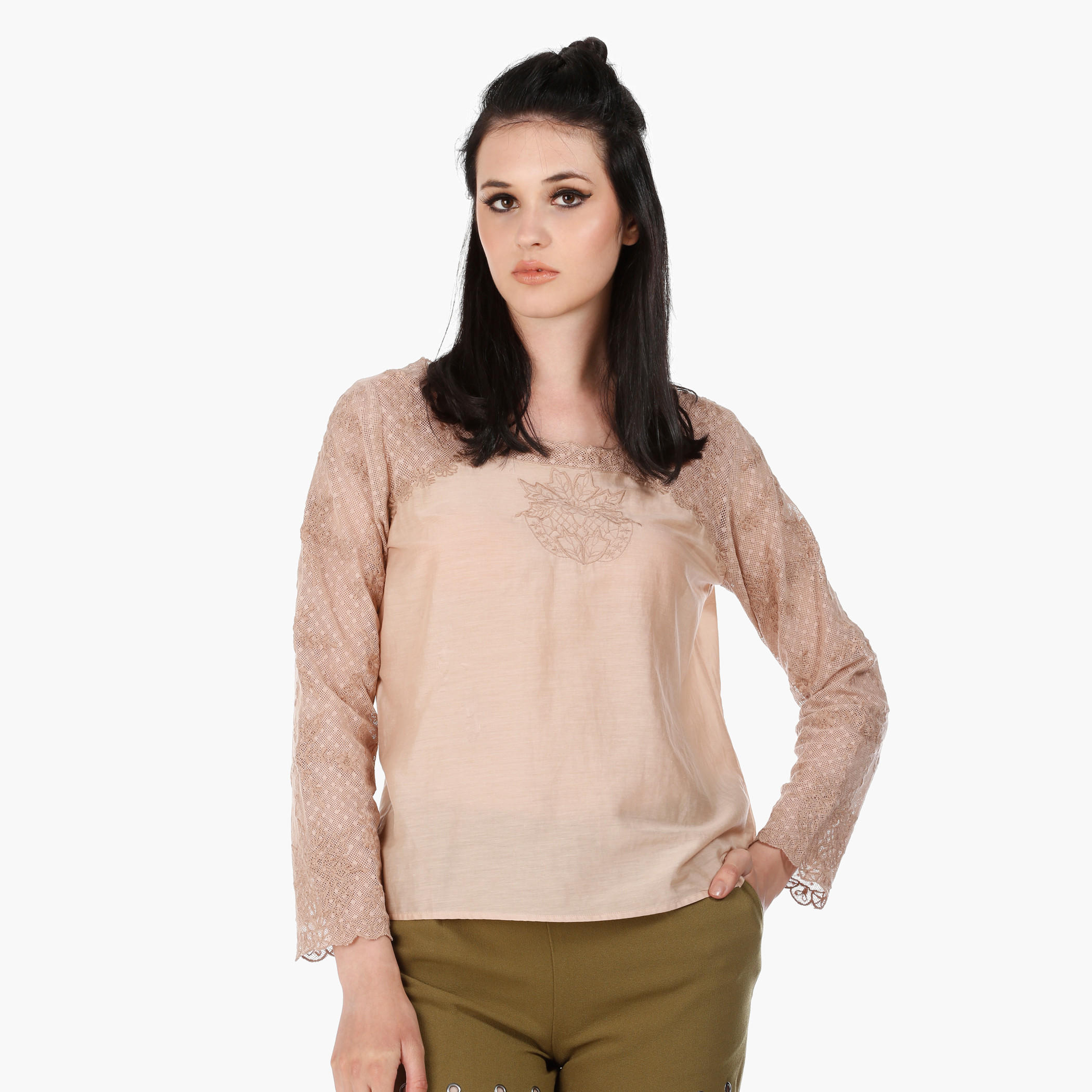 Embroidered Blouse with Long Sleeves and Sheer Yoke in Regular Fit-women-clothing-shirtsandblouses-blouses-image-1