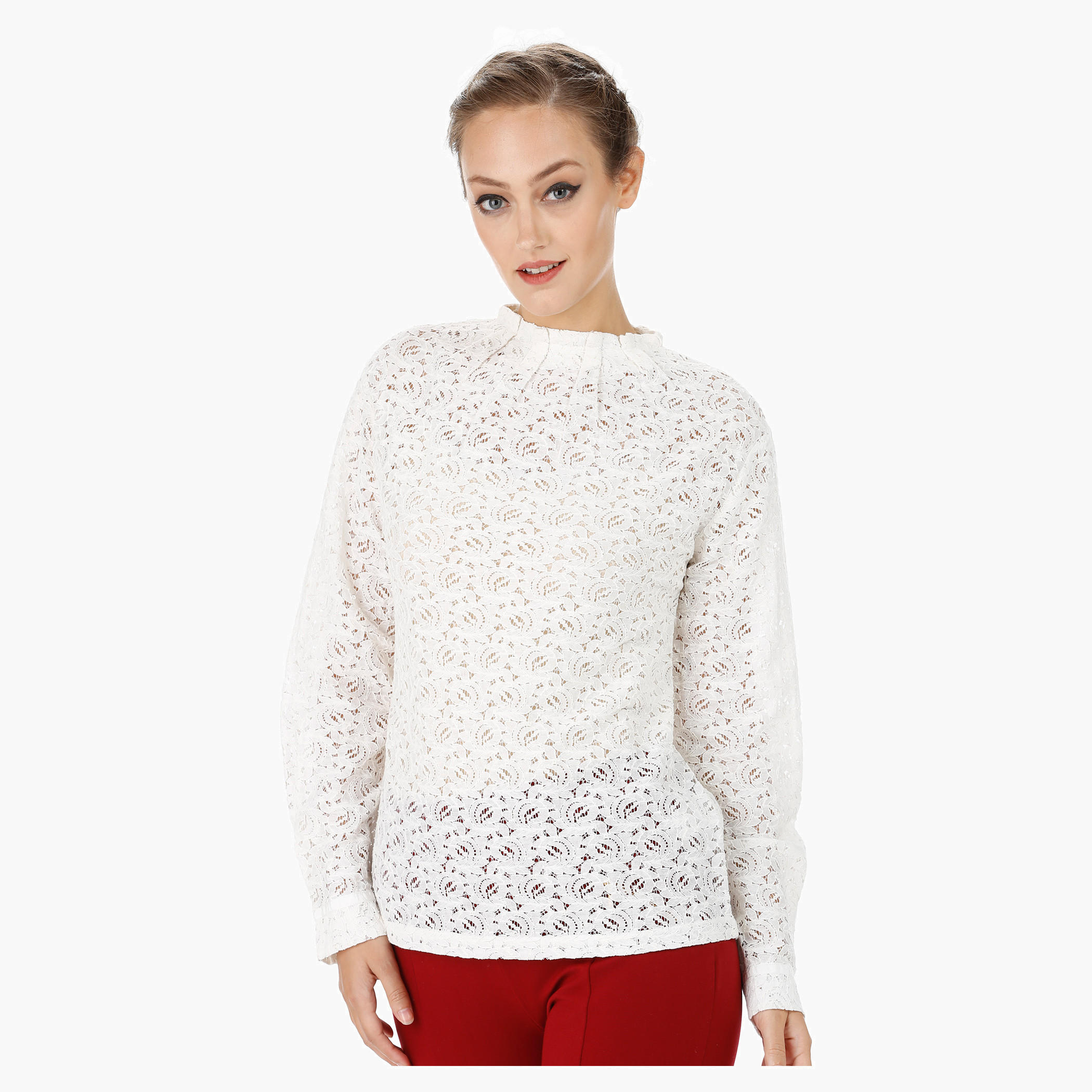 Long Sleeves Blouse with Lace Sheer Yolk-women-clothing-shirtsandblouses-blouses-image-1