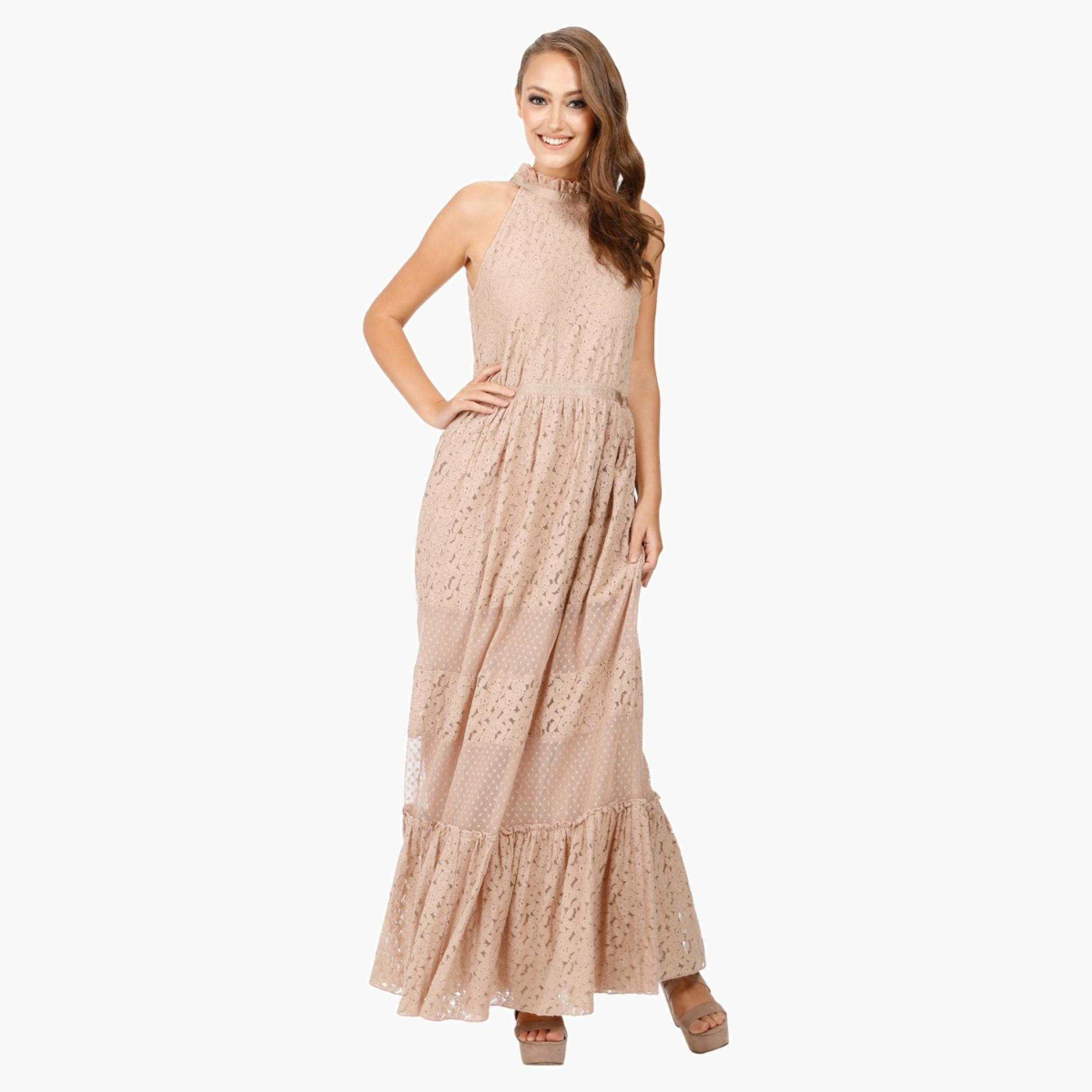 Halter Neck Dress with Mixed Lace Embellishment-women-clothing-dresses-image-1