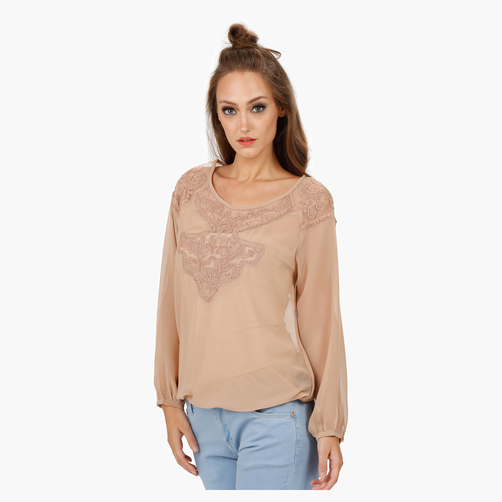 Round Neck Blouson Blouse with Yoke Embroidery and Long Sleeves-women-clothing-shirtsandblouses-blouses-image-3