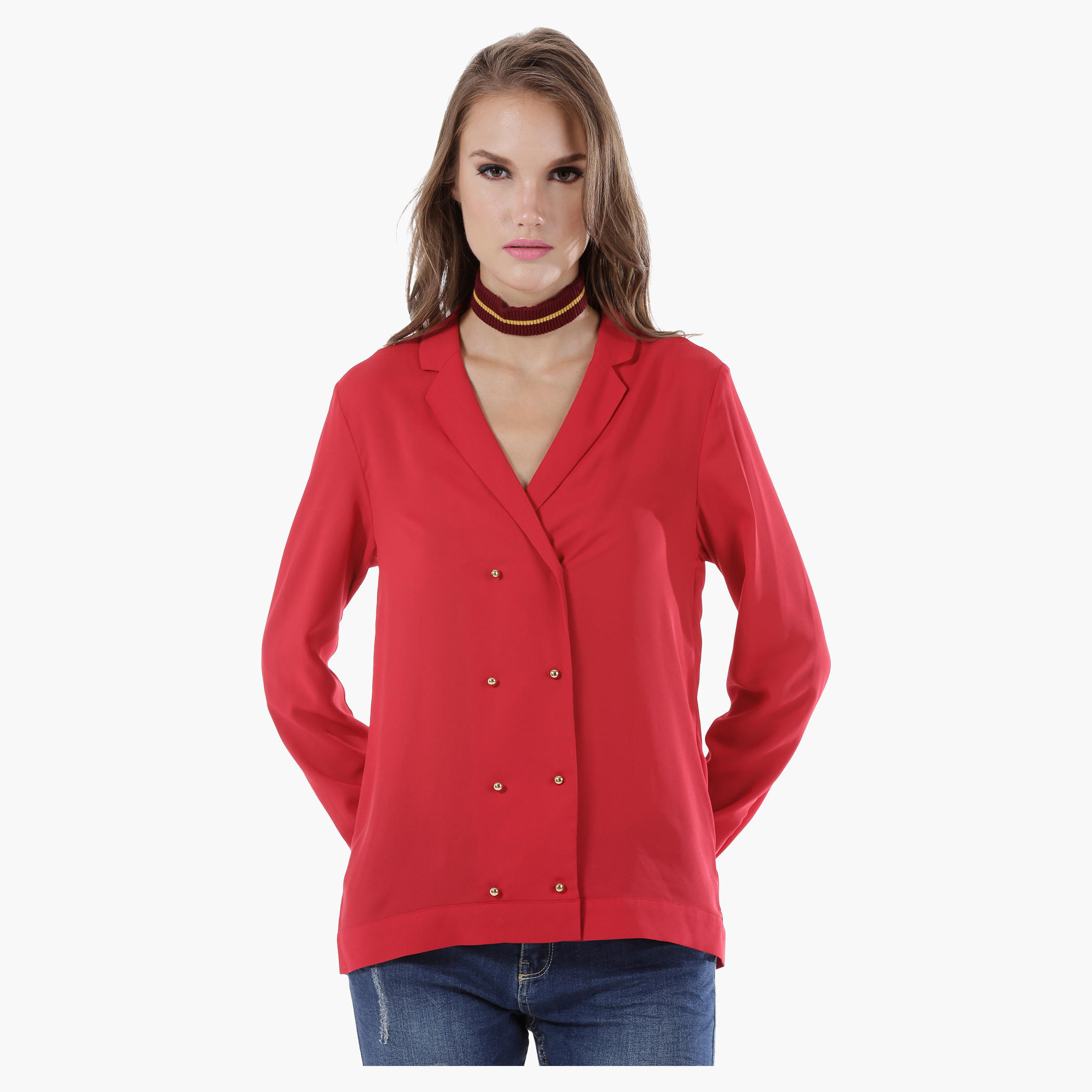Notch Lapels Shirt with Long Sleeves and Front Double Buttons-women-clothing-shirtsandblouses-blouses-image-1