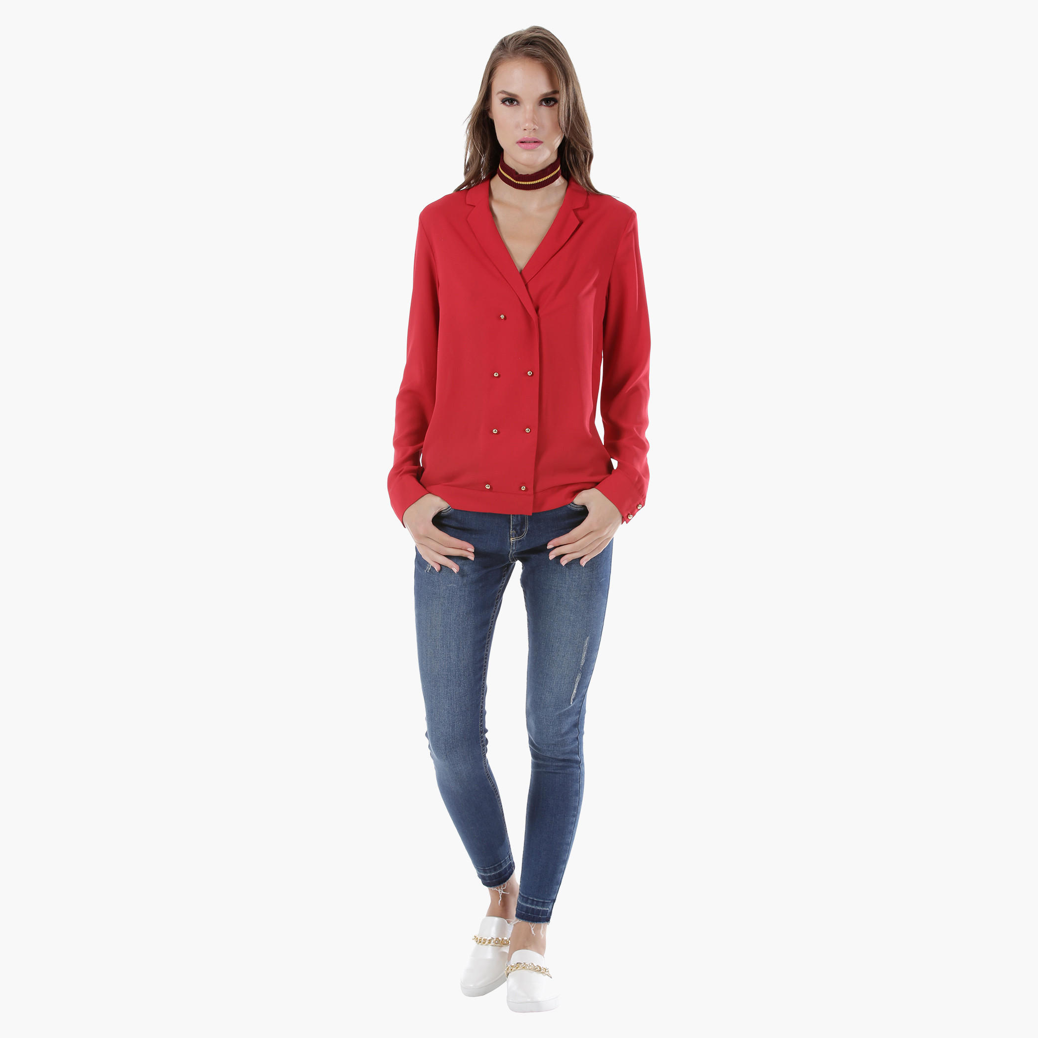 Notch Lapels Shirt with Long Sleeves and Front Double Buttons-women-clothing-shirtsandblouses-blouses-image-5