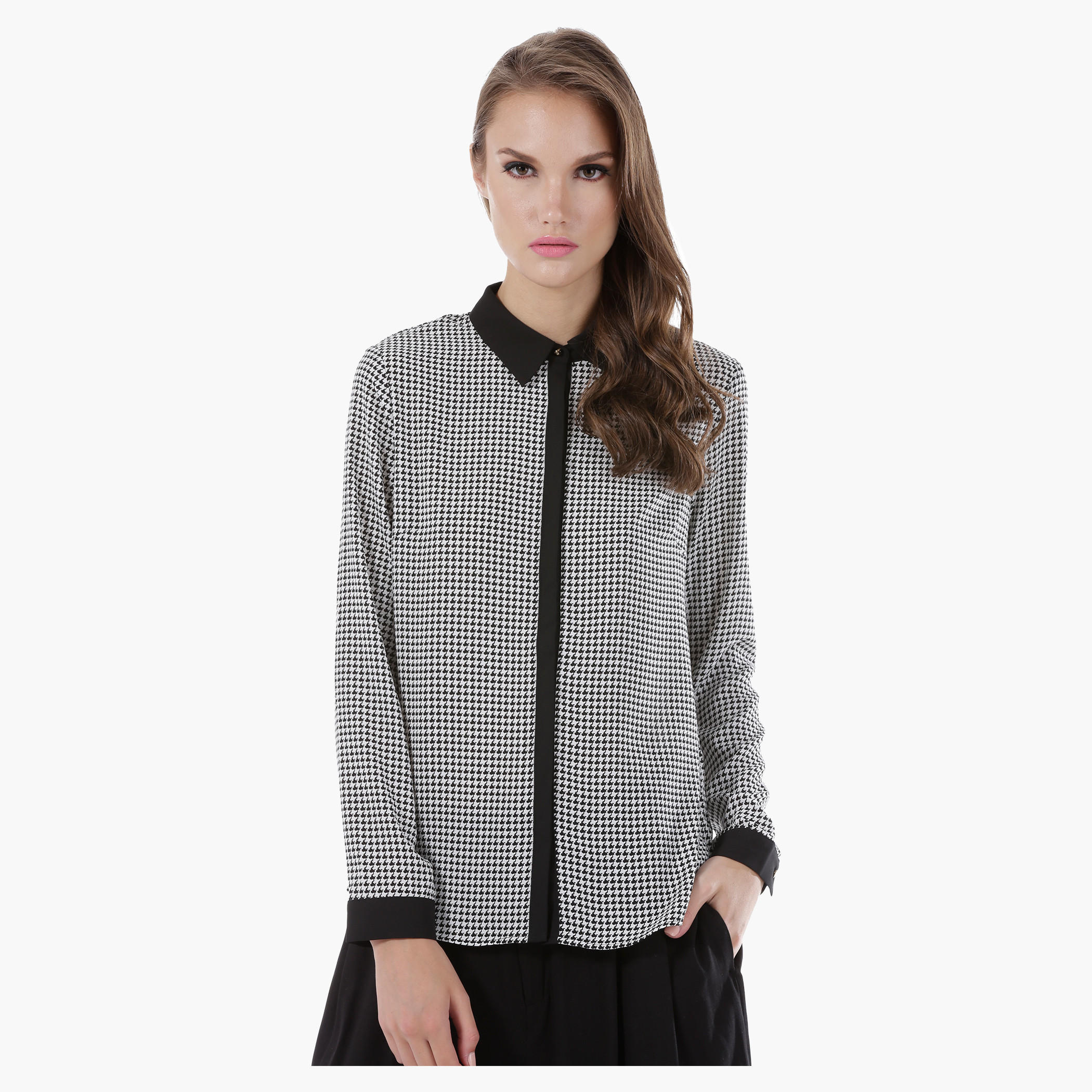 Houndstooth Print Shirt with Spread Collar and Long Sleeves-women-clothing-shirtsandblouses-blouses-image-1