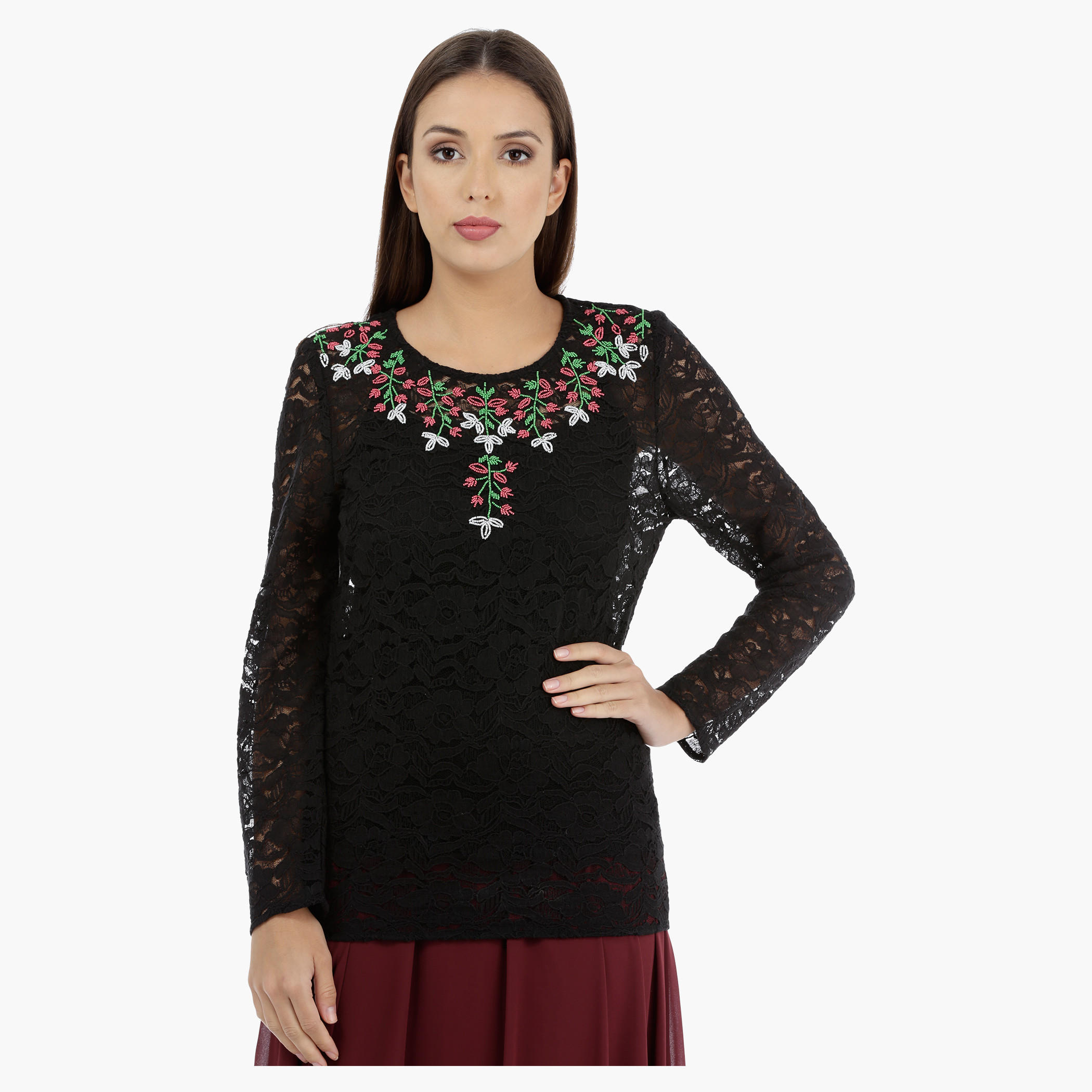 Lace Long Sleeves Top with Neck Beading-women-clothing-shirtsandblouses-blouses-image-1