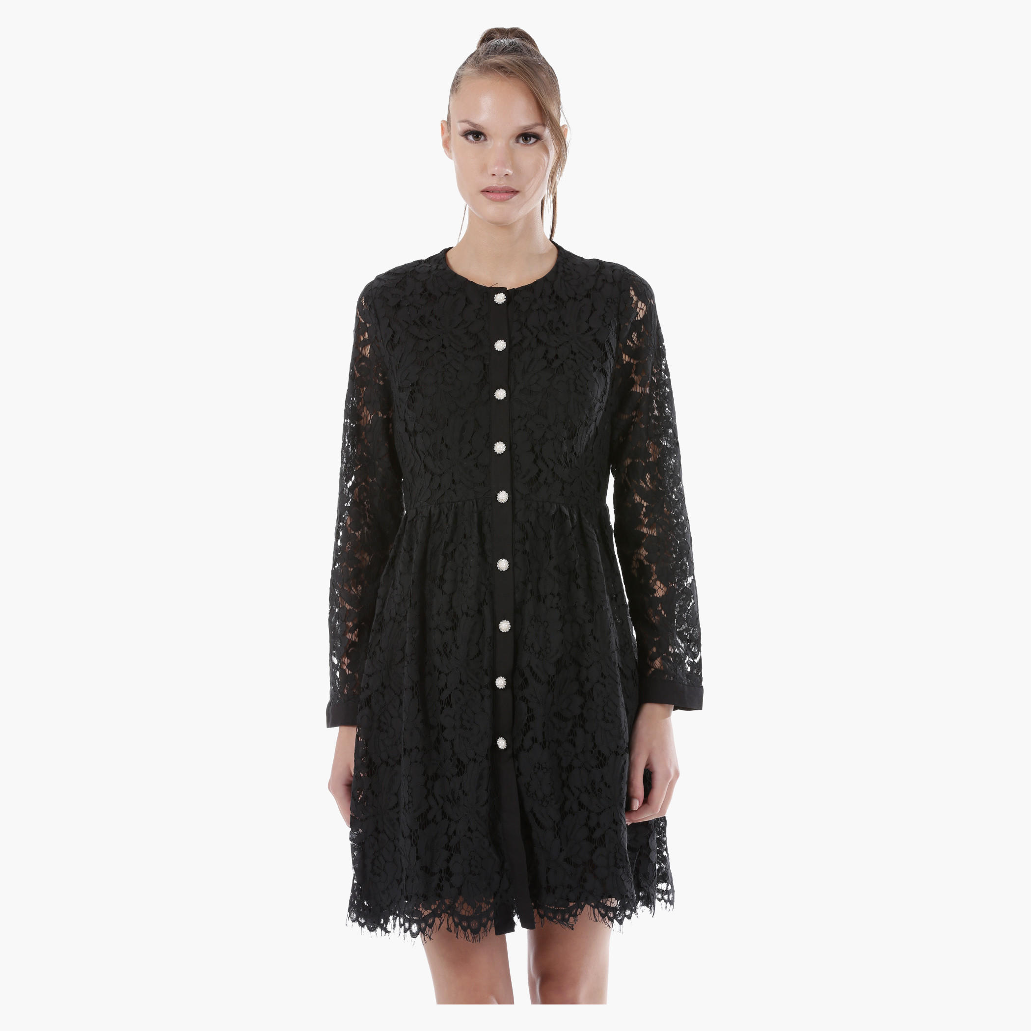 Lace Button-Down Short Dress with Full Sleeves in Regular Fit-women-clothing-dresses-image-1
