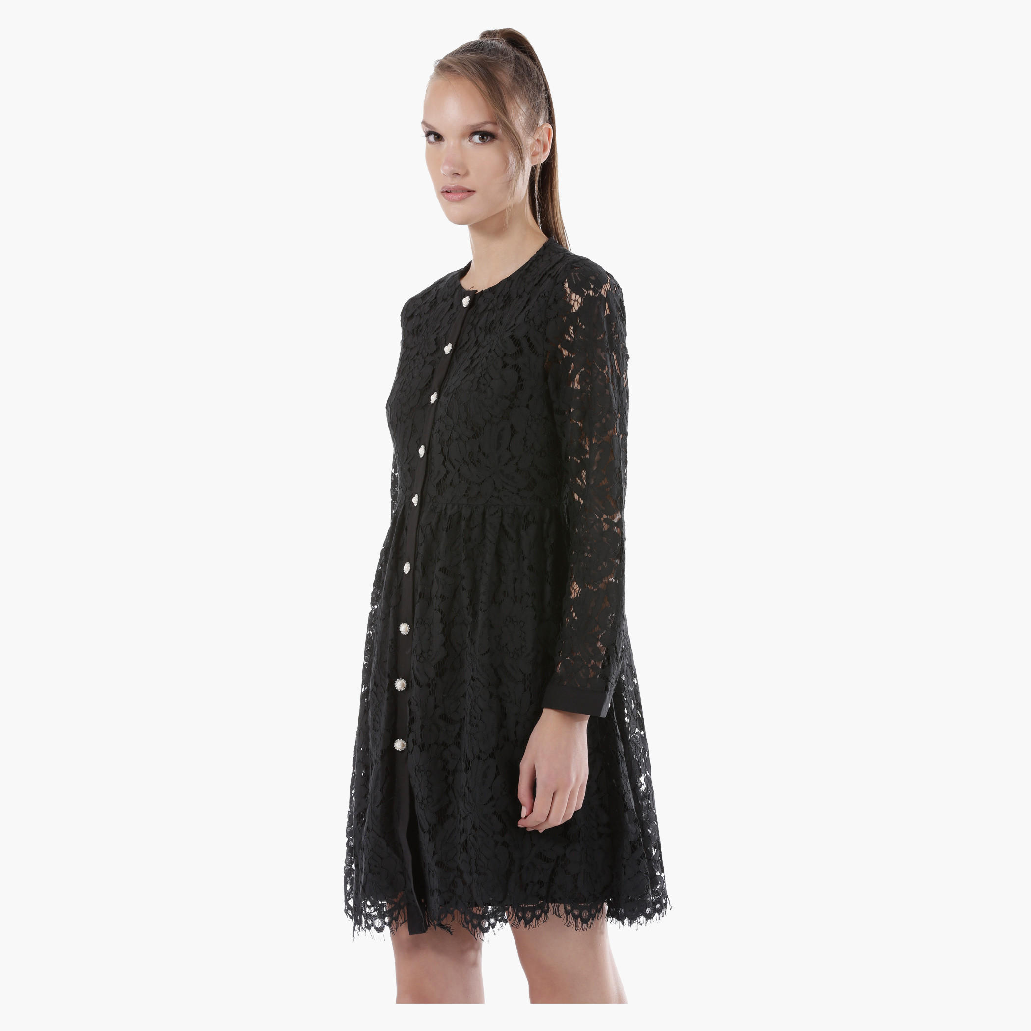 Lace Button-Down Short Dress with Full Sleeves in Regular Fit-women-clothing-dresses-image-3
