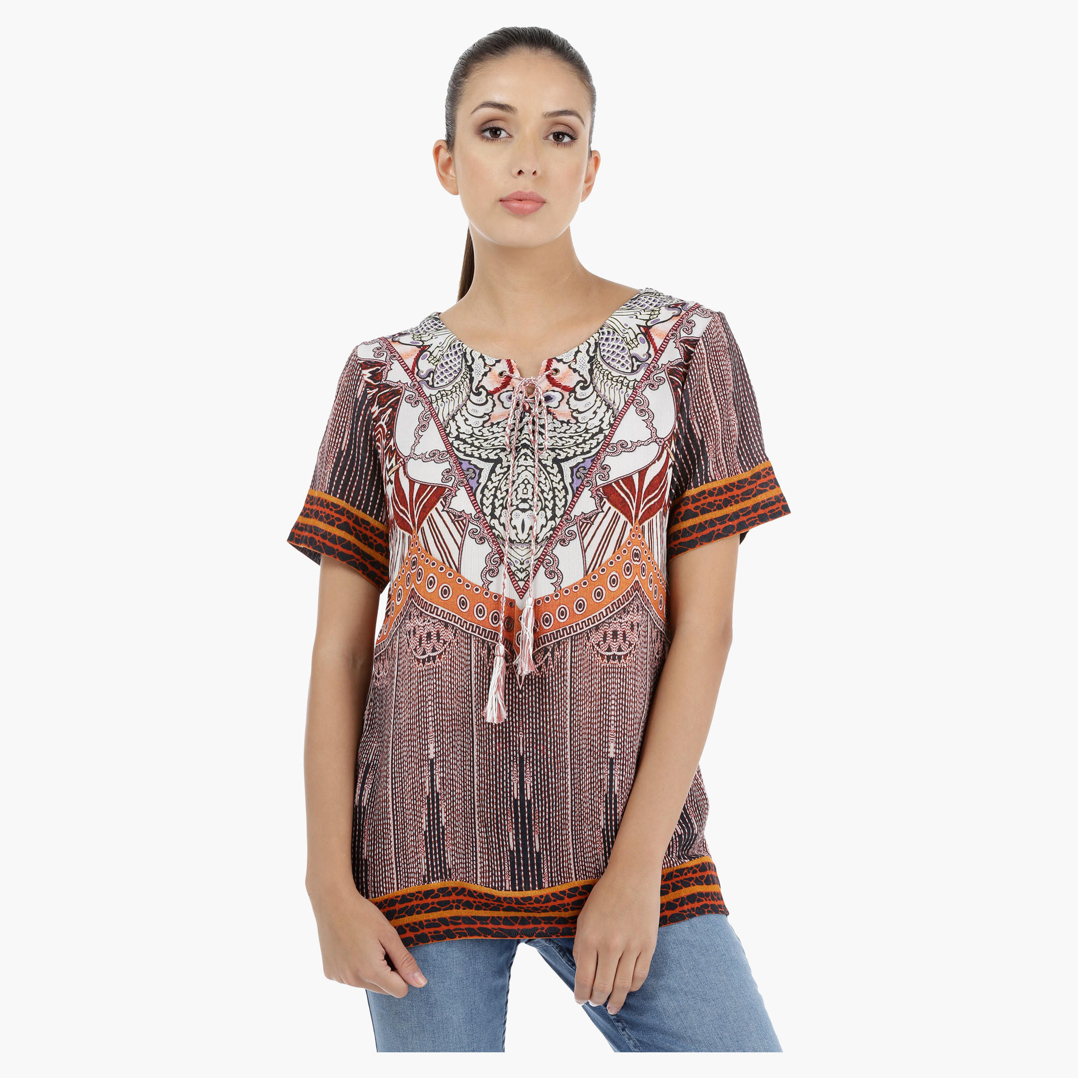 Printed Top with Short Sleeves and Tie Up Neck-women-clothing-shirtsandblouses-blouses-image-1