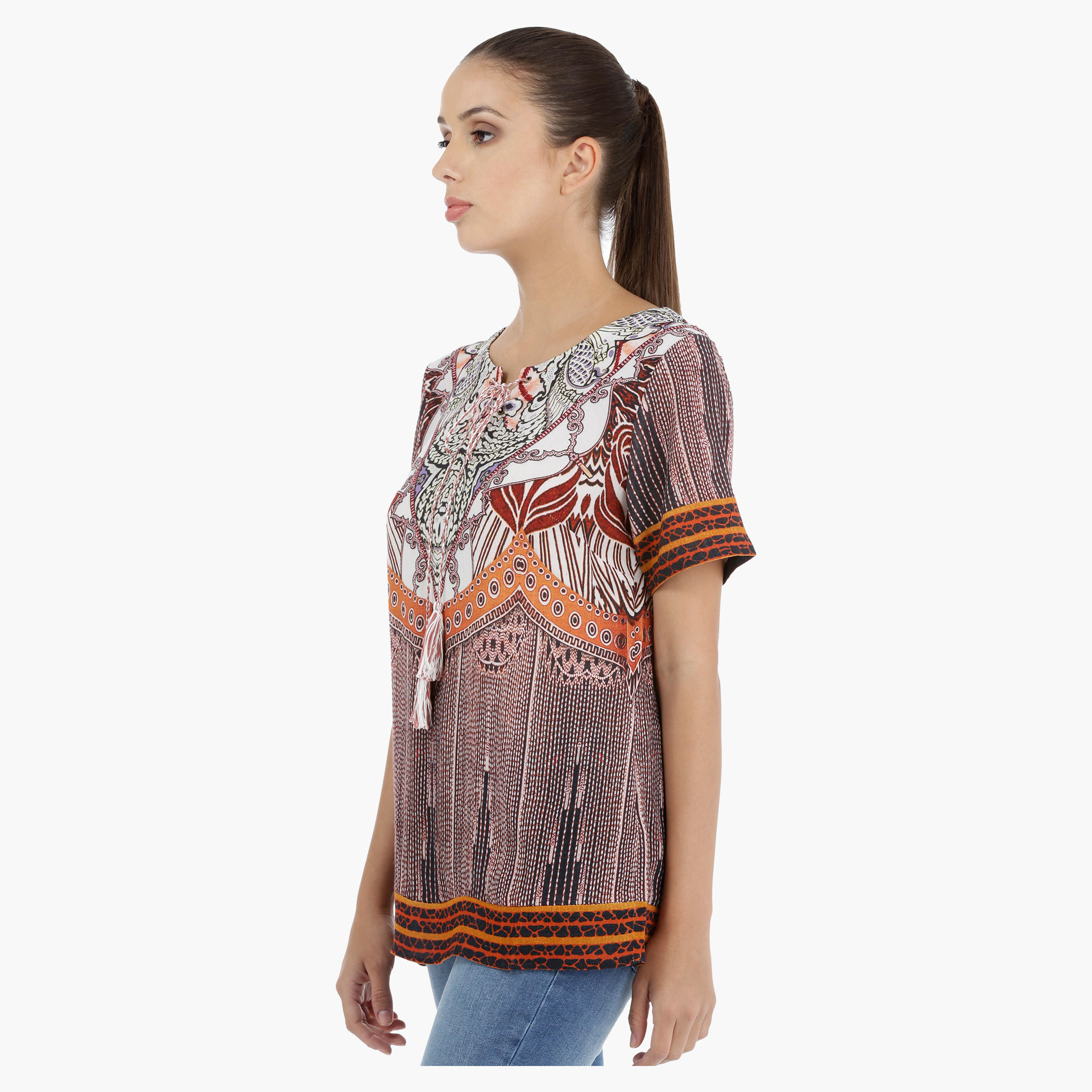 Printed Top with Short Sleeves and Tie Up Neck-women-clothing-shirtsandblouses-blouses-image-3
