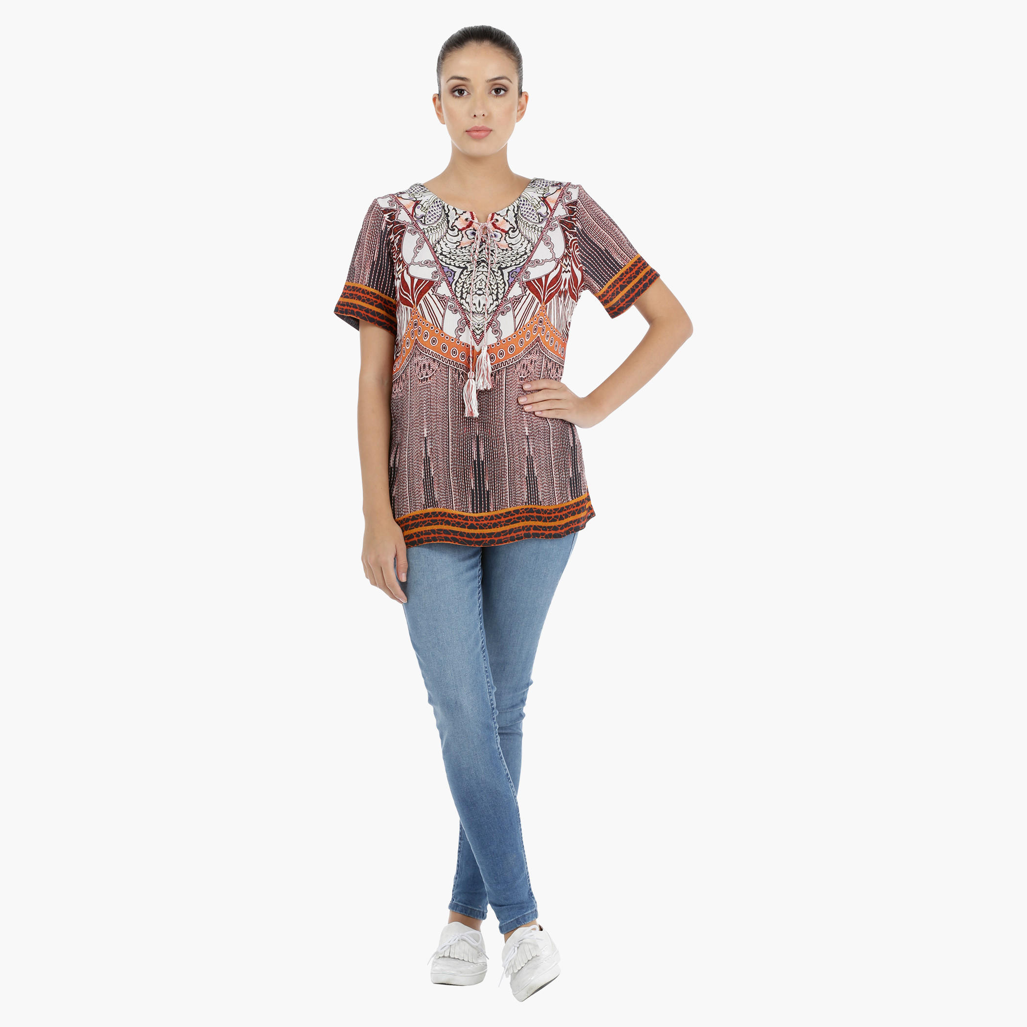 Printed Top with Short Sleeves and Tie Up Neck-women-clothing-shirtsandblouses-blouses-image-5