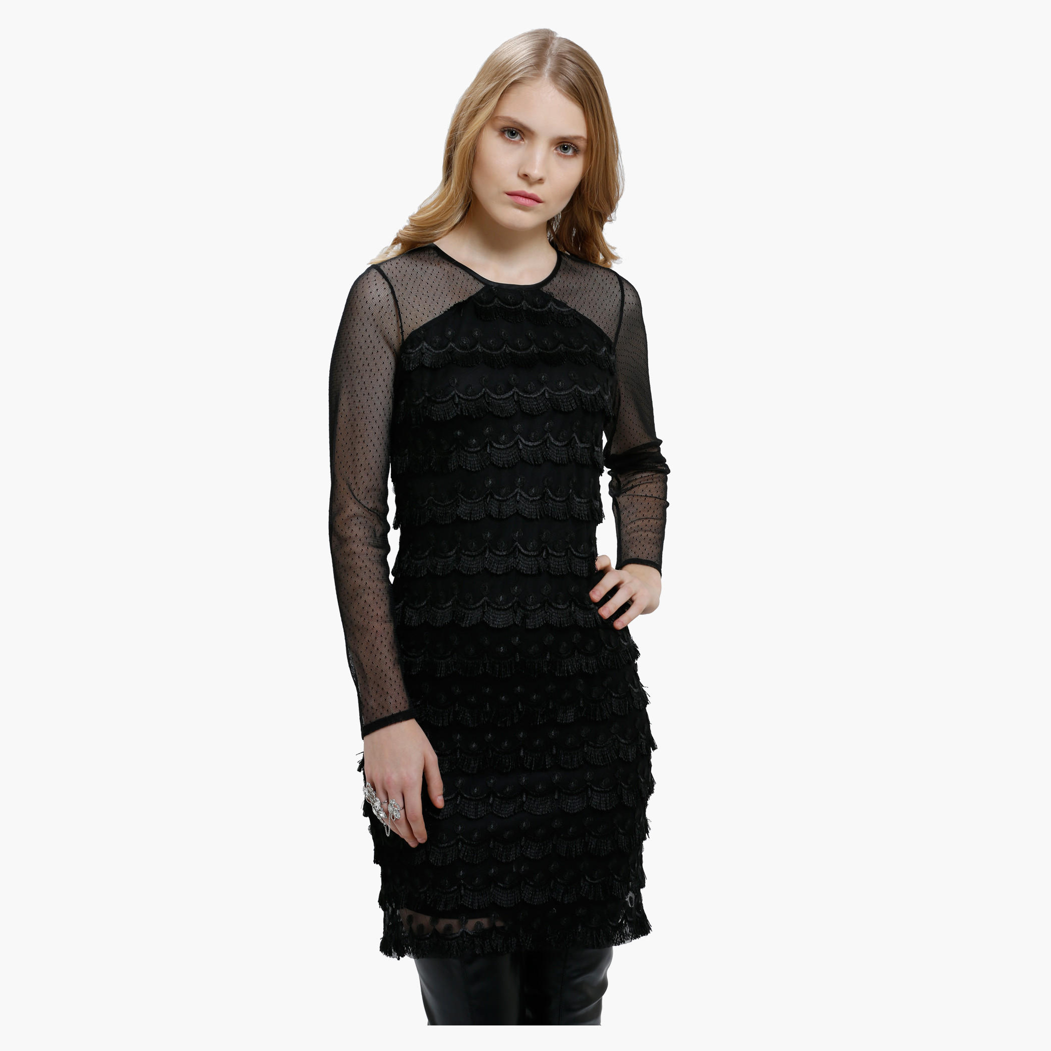 Short Dress with Lace detail and Long Sleeves-women-clothing-dresses-image-1