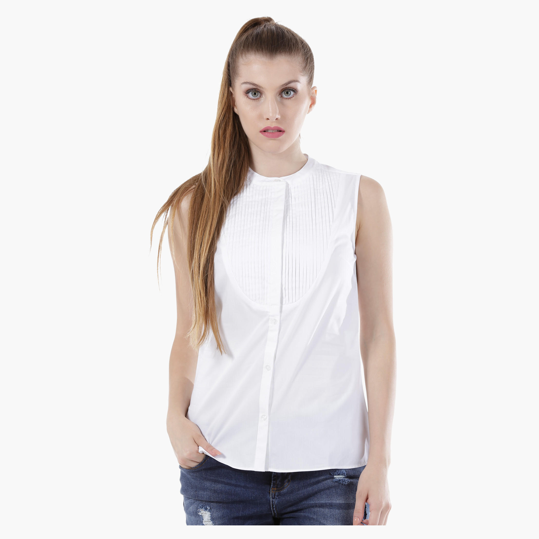 Sleeveless Shirt with Pleated Bib in Regular Fit-women-clothing-shirtsandblouses-blouses-image-2