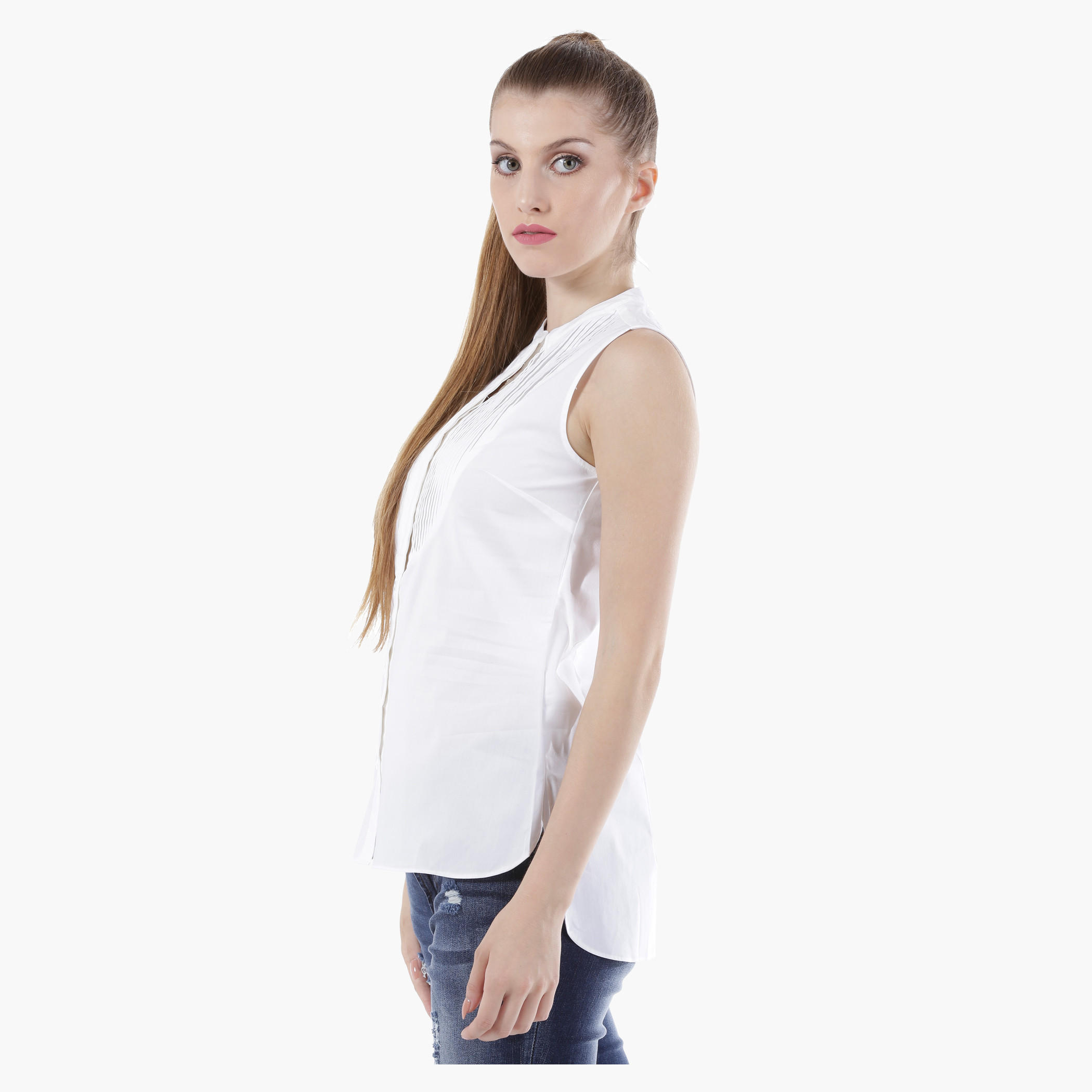 Sleeveless Shirt with Pleated Bib in Regular Fit-women-clothing-shirtsandblouses-blouses-image-4