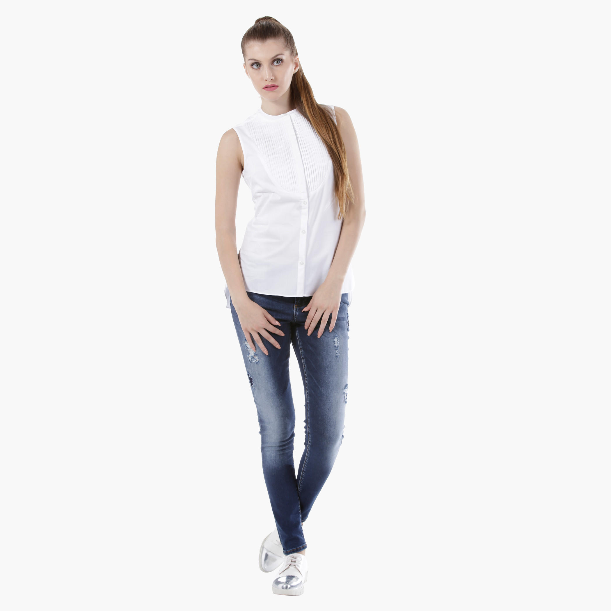 Sleeveless Shirt with Pleated Bib in Regular Fit-women-clothing-shirtsandblouses-blouses-image-6