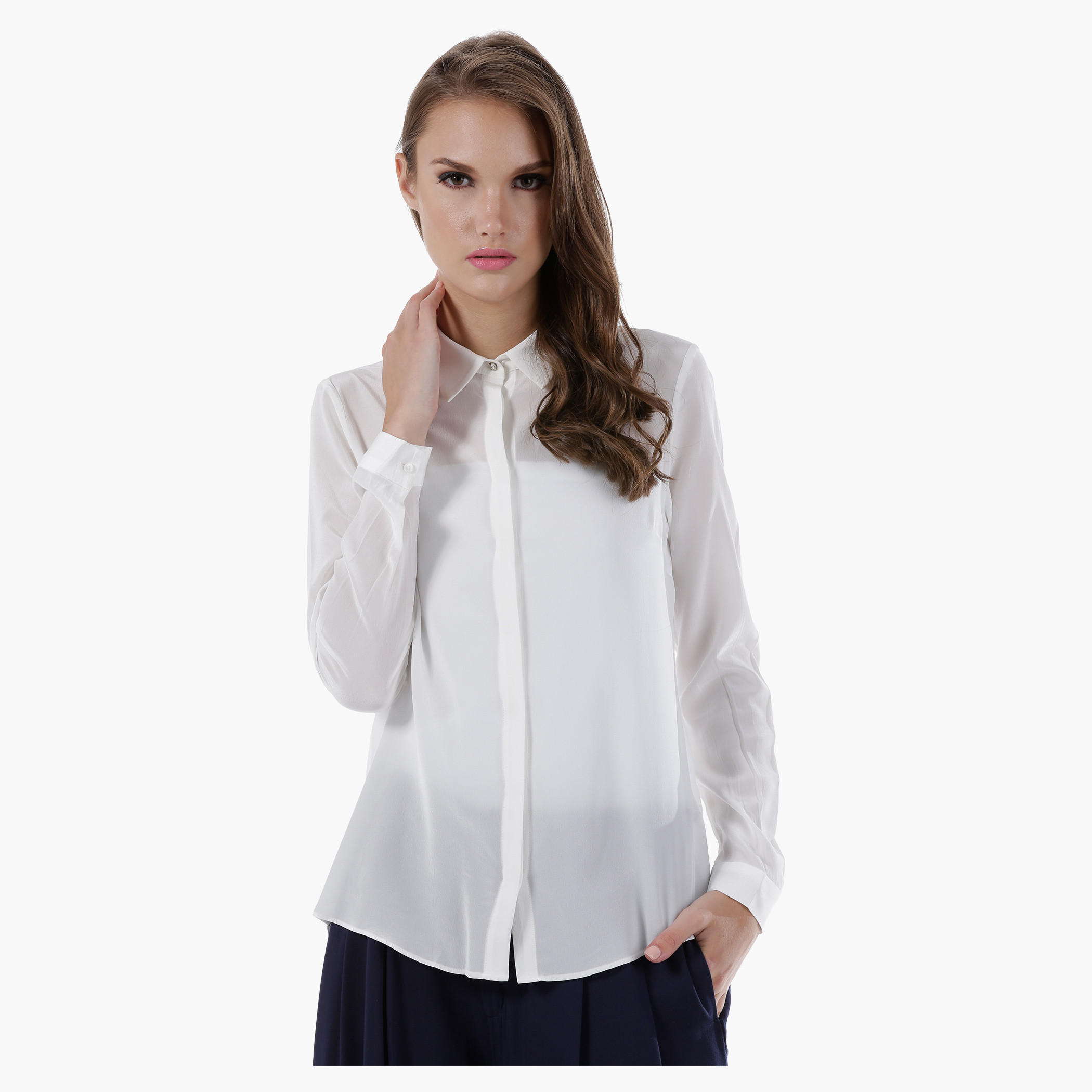 Spread Collar Shirt with Long Sleeves and Concealed Placket-women-clothing-shirtsandblouses-blouses-image-2