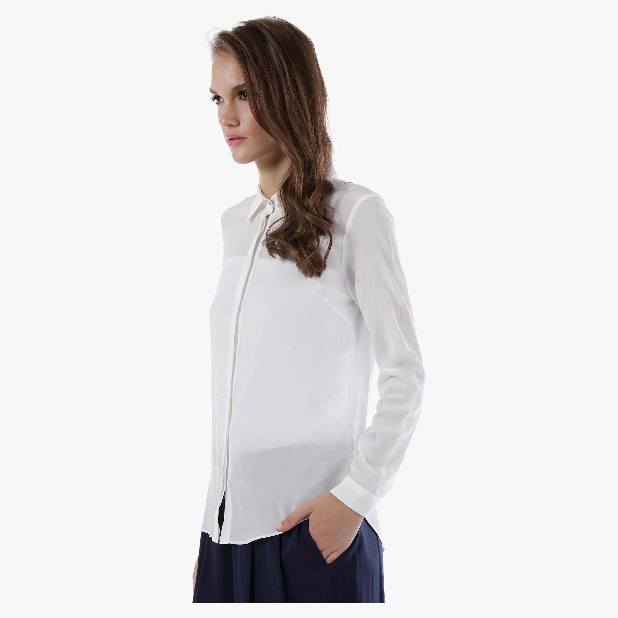 Spread Collar Shirt with Long Sleeves and Concealed Placket-women-clothing-shirtsandblouses-blouses-image-4