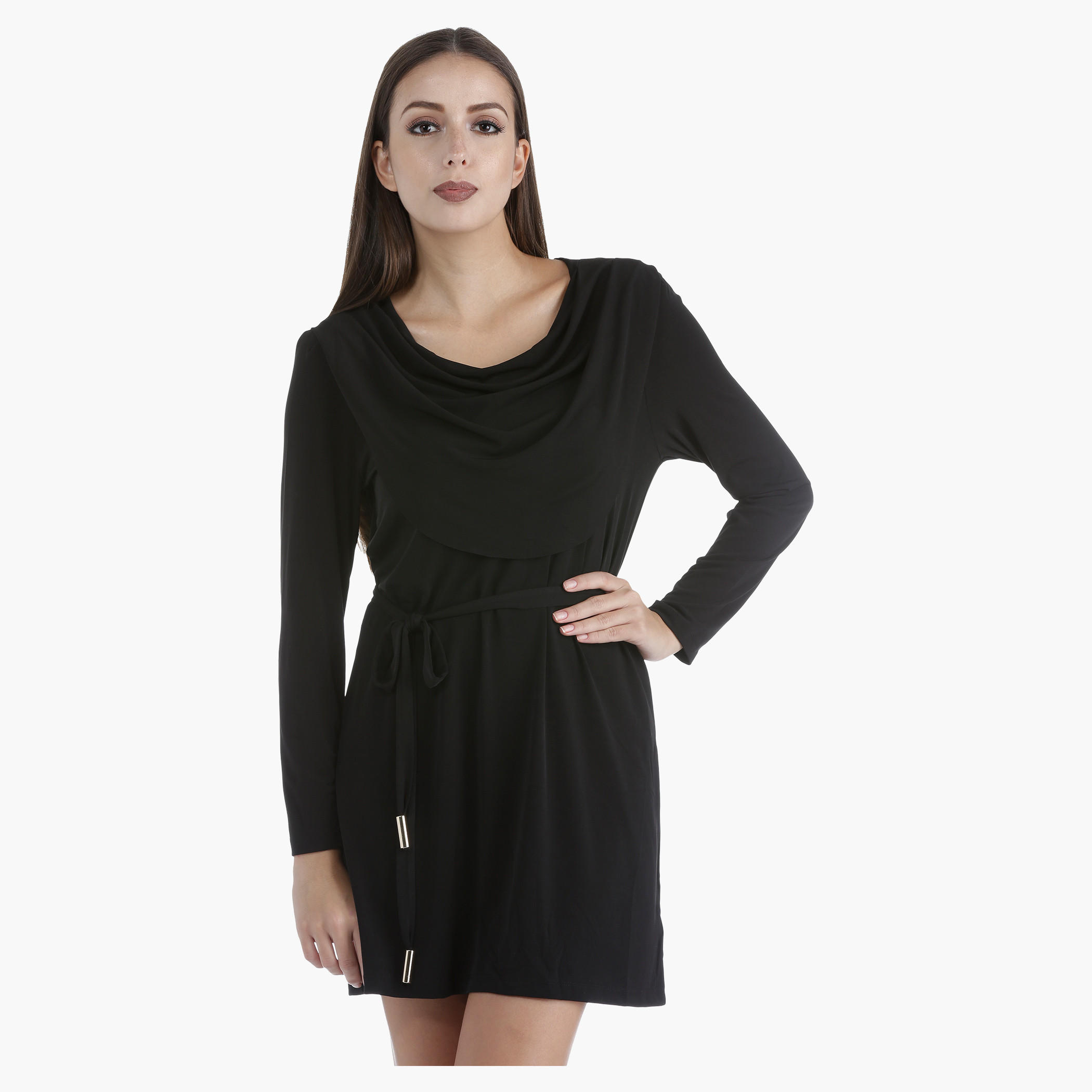 Cowl Neck Dress with Tie-Up Waist and Full Sleeves in Regular Fit-women-clothing-dresses-image-1