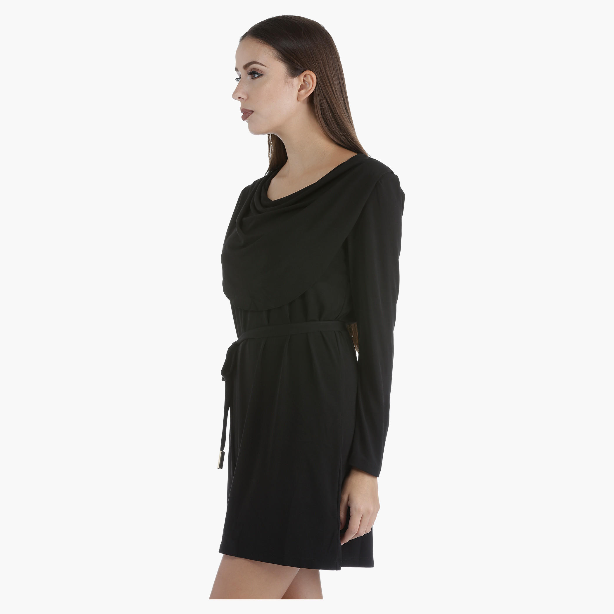 Cowl Neck Dress with Tie-Up Waist and Full Sleeves in Regular Fit-women-clothing-dresses-image-3