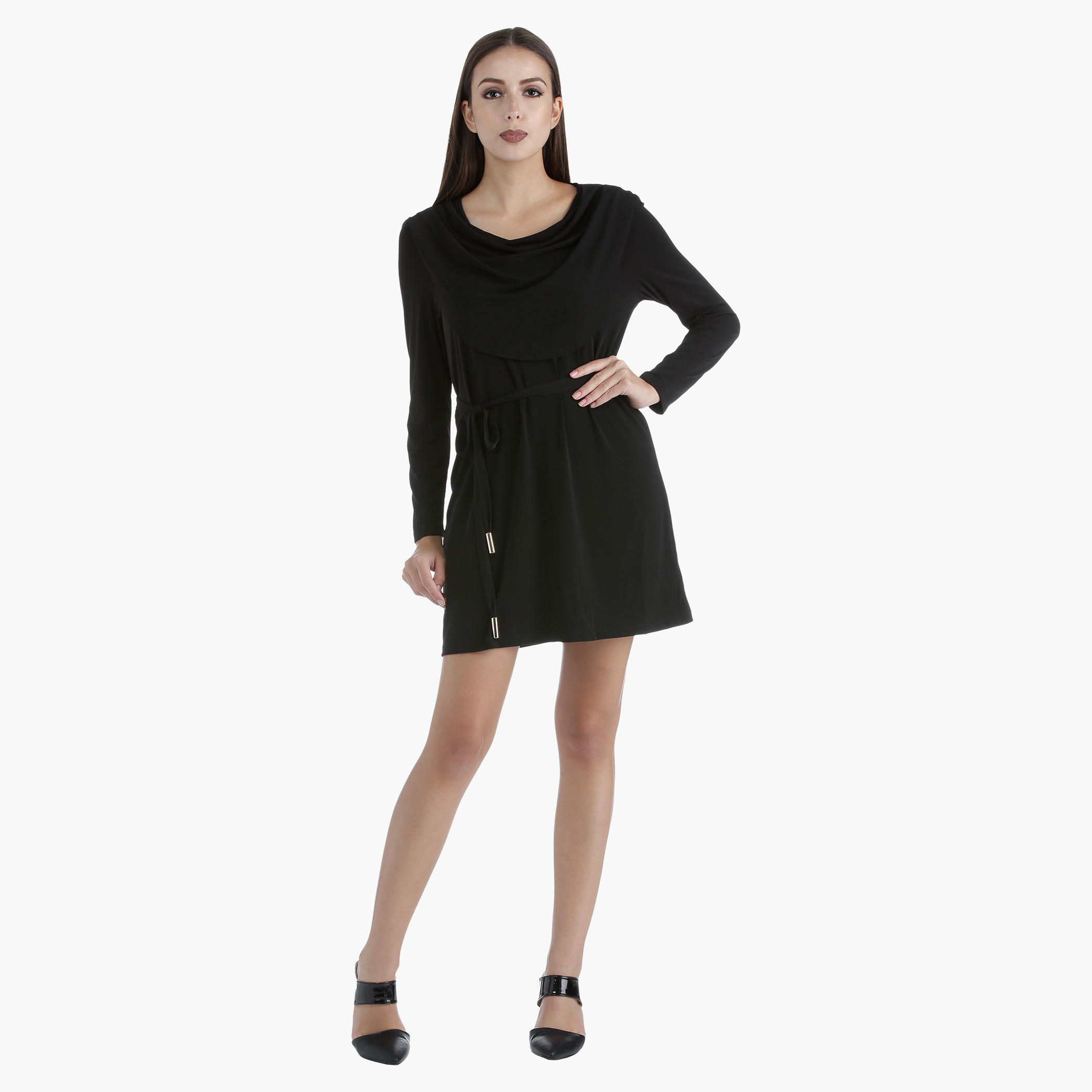Cowl Neck Dress with Tie-Up Waist and Full Sleeves in Regular Fit-women-clothing-dresses-image-5