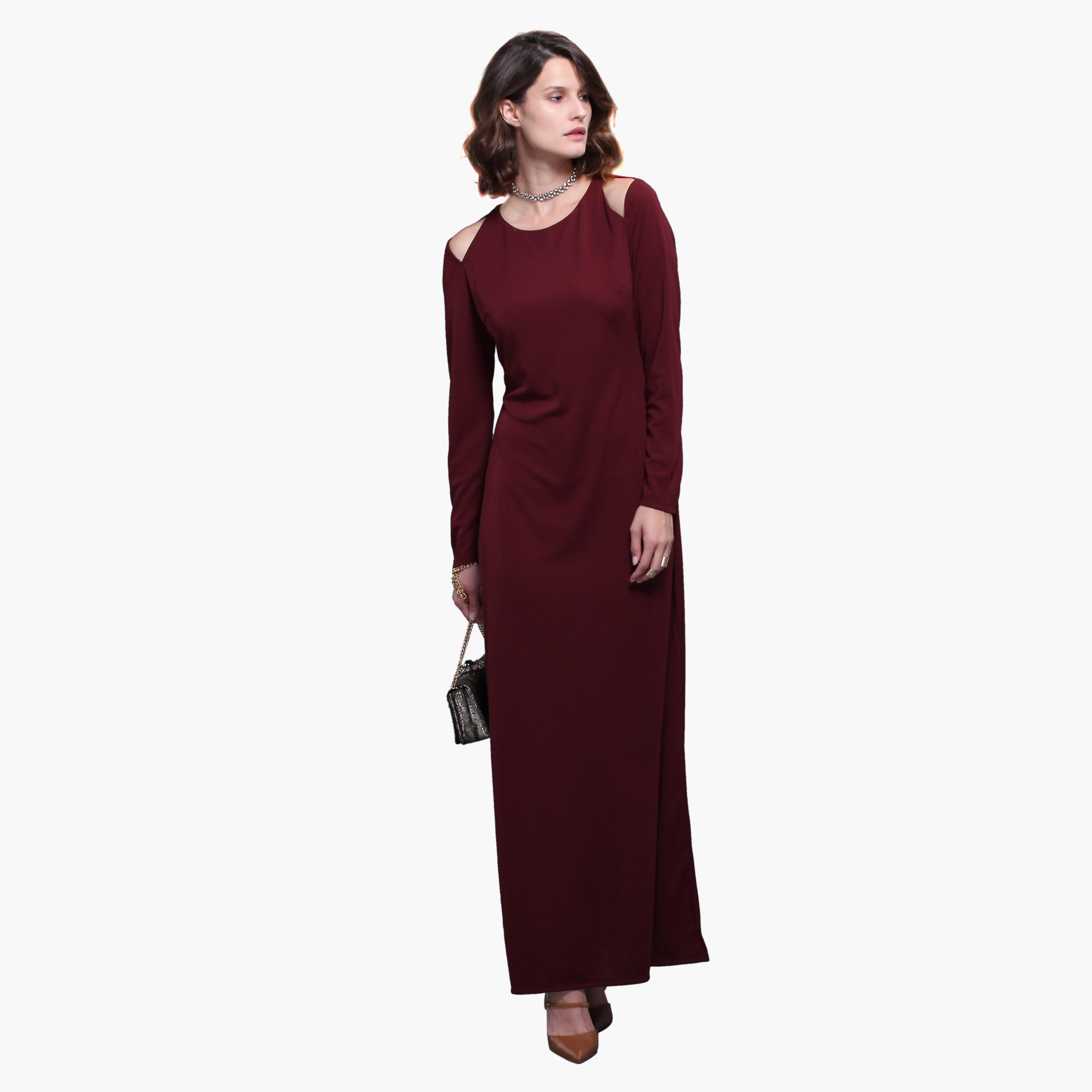 Knitted Long Sleeves Cold Shoulder Maxi Dress with Side Slits-women-clothing-dresses-image-1
