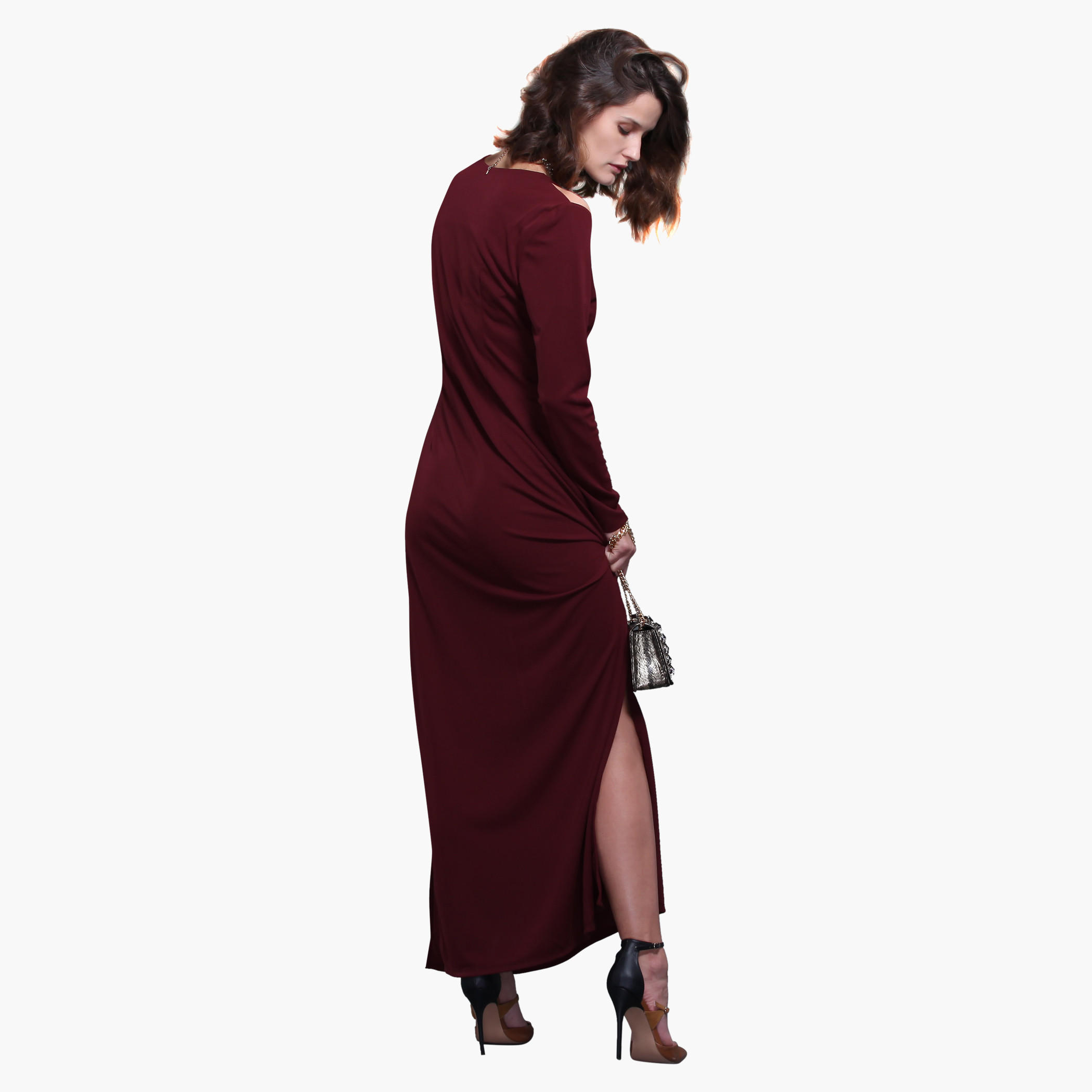 Knitted Long Sleeves Cold Shoulder Maxi Dress with Side Slits-women-clothing-dresses-image-2