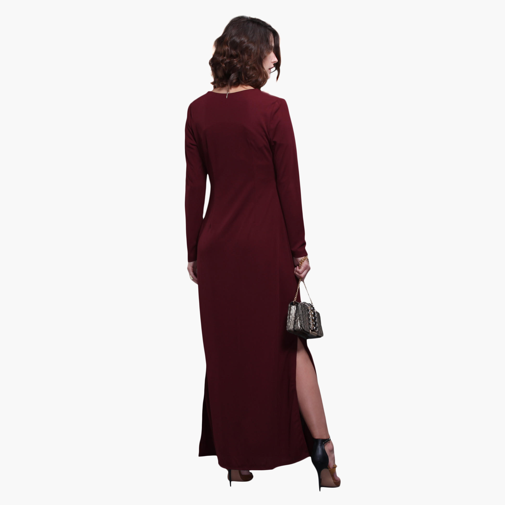 Knitted Long Sleeves Cold Shoulder Maxi Dress with Side Slits-women-clothing-dresses-image-3