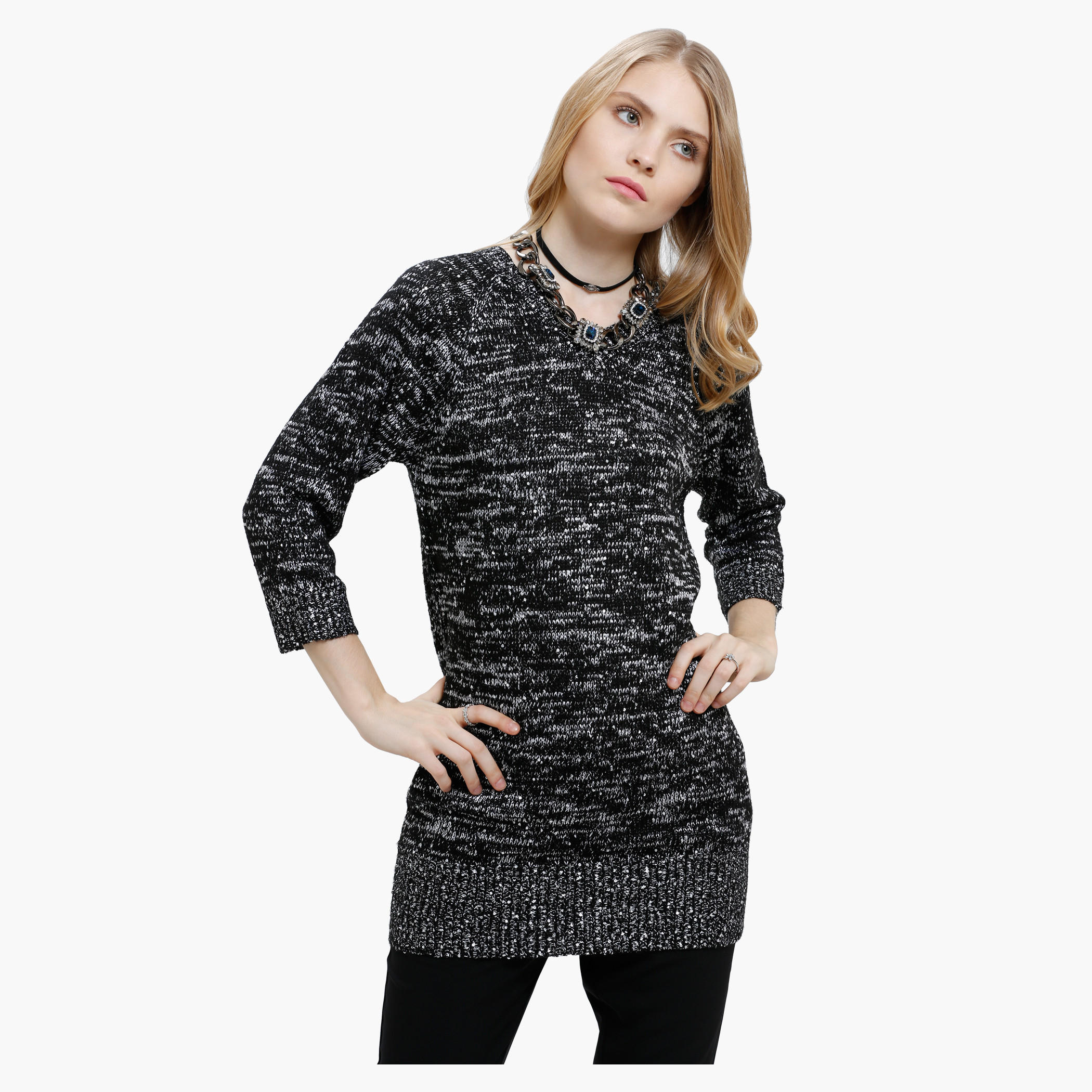 Melange Print Sweater with Round Neck and Long Sleeves-women-clothing-cardigansandjumpers-jumpers-image-1