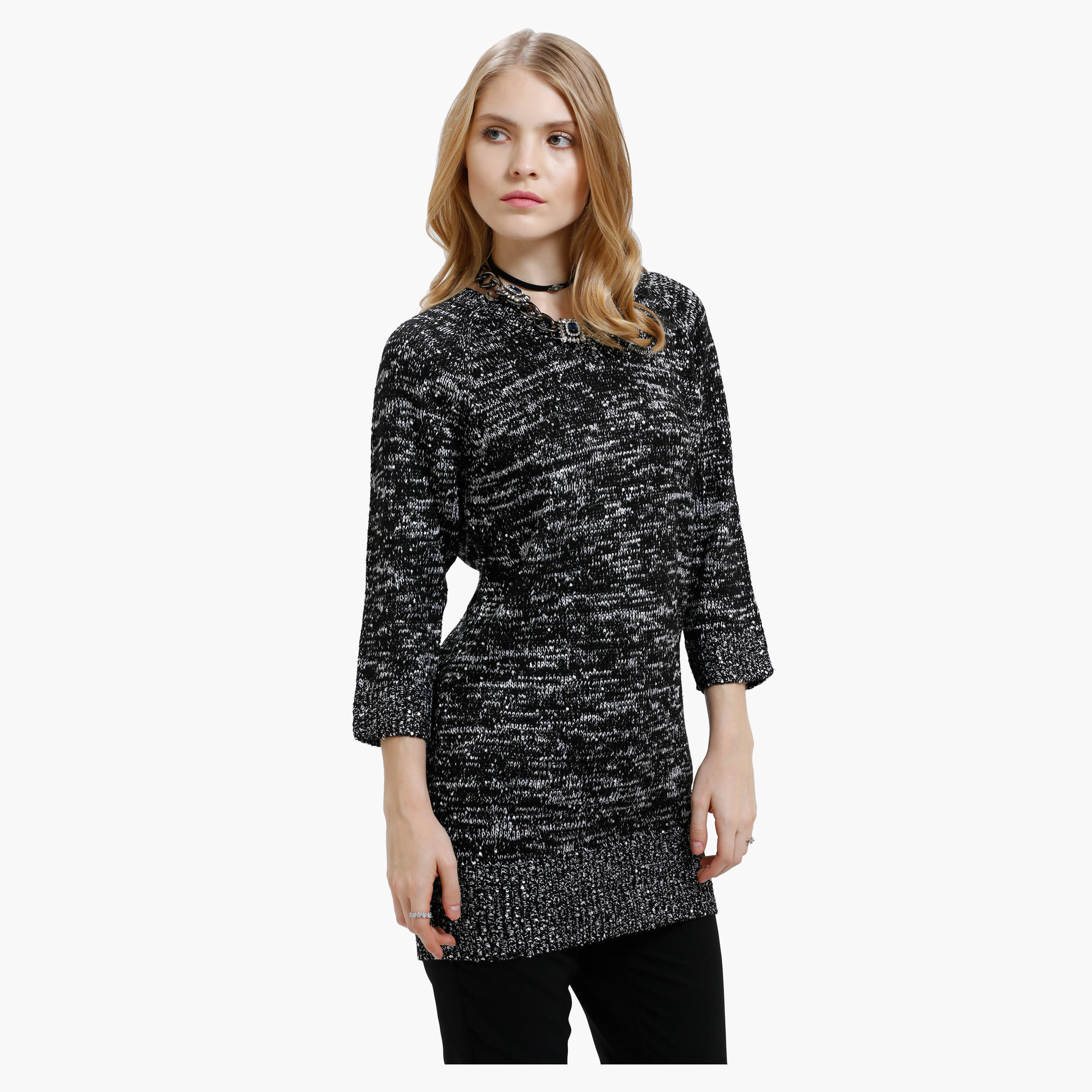Melange Print Sweater with Round Neck and Long Sleeves-women-clothing-cardigansandjumpers-jumpers-image-3