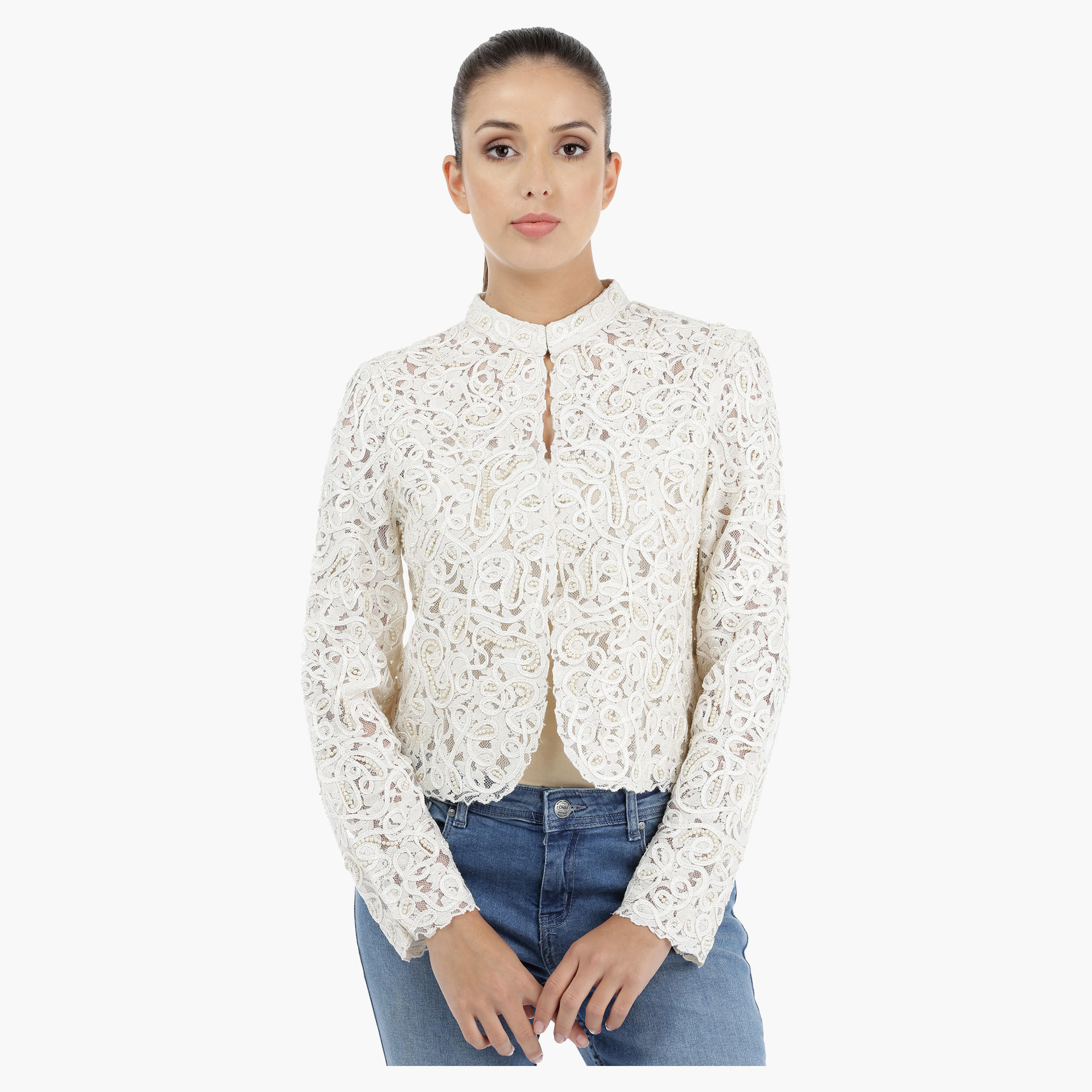 Embellished Lace Jacket with Long Sleeves-women-winterwear-coatsandjackets-jackets-image-1