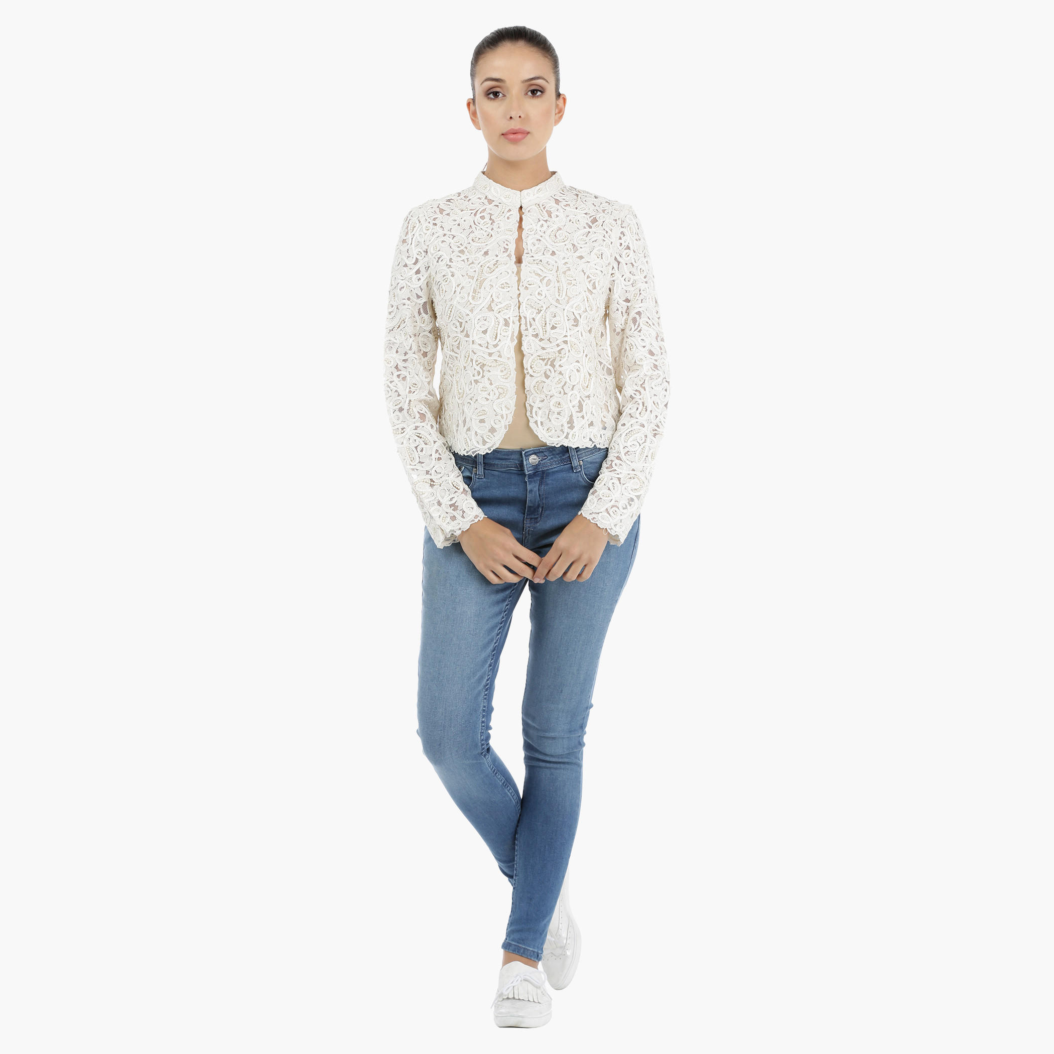 Embellished Lace Jacket with Long Sleeves-women-winterwear-coatsandjackets-jackets-image-5