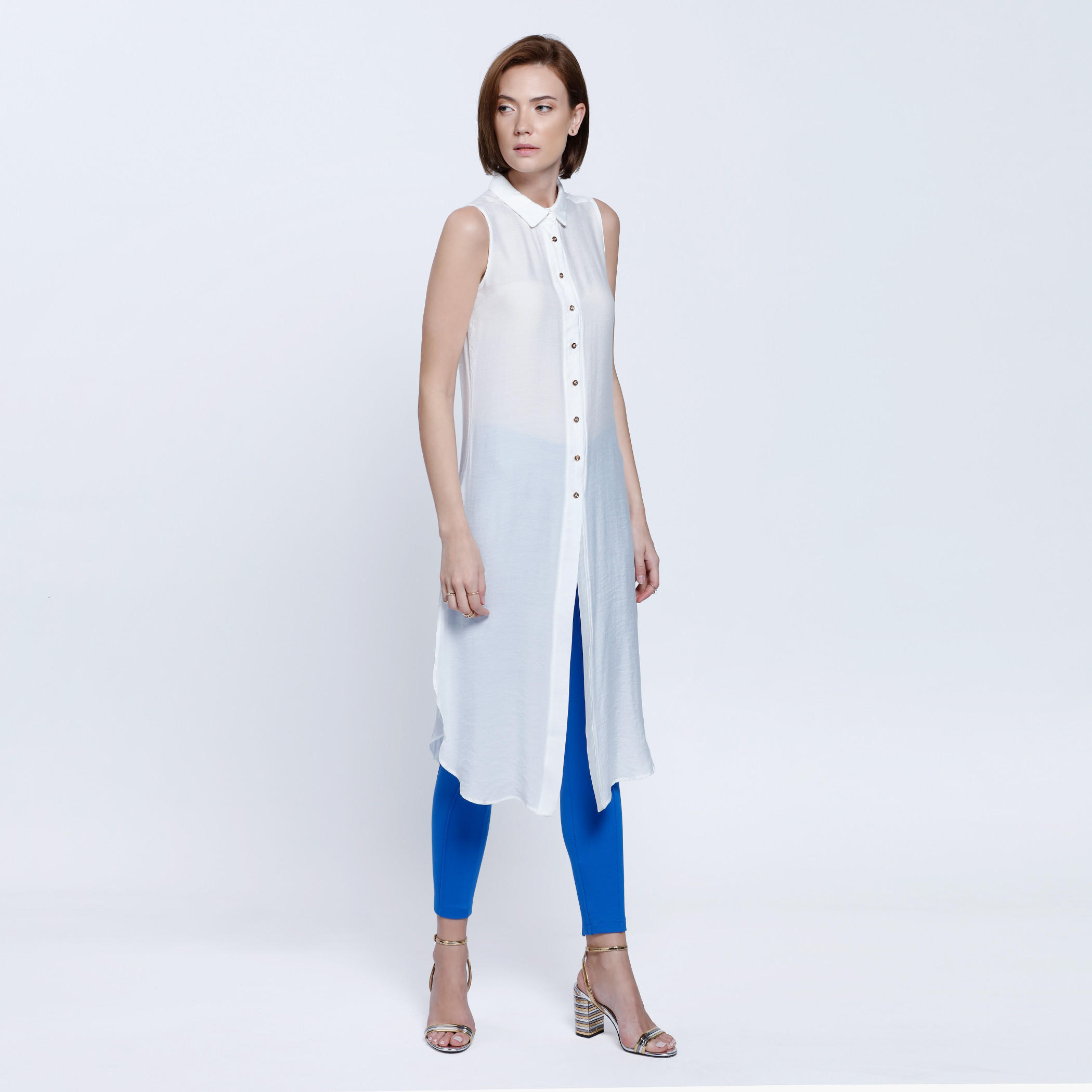 Sleeveless Long Shirt Top with Button Placket and Slits-women-clothing-shirtsandblouses-blouses-image-1
