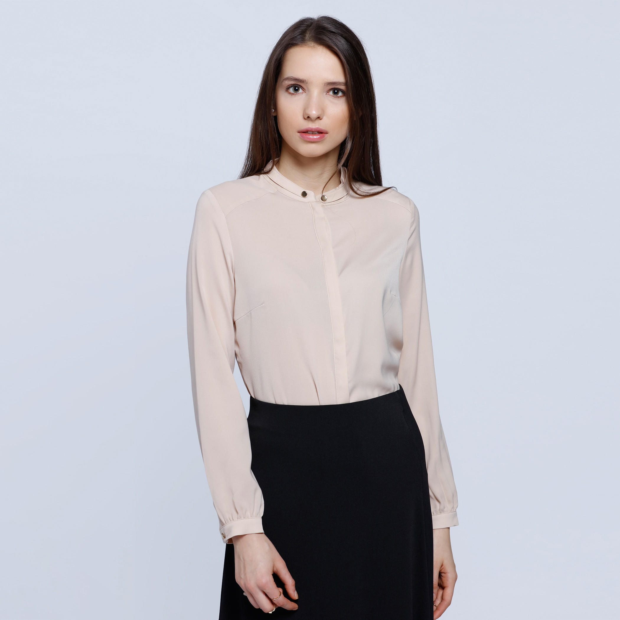 Mandarin Collar Shirt with Buttoned Lapel and Long Sleeves-women-clothing-shirtsandblouses-blouses-image-1