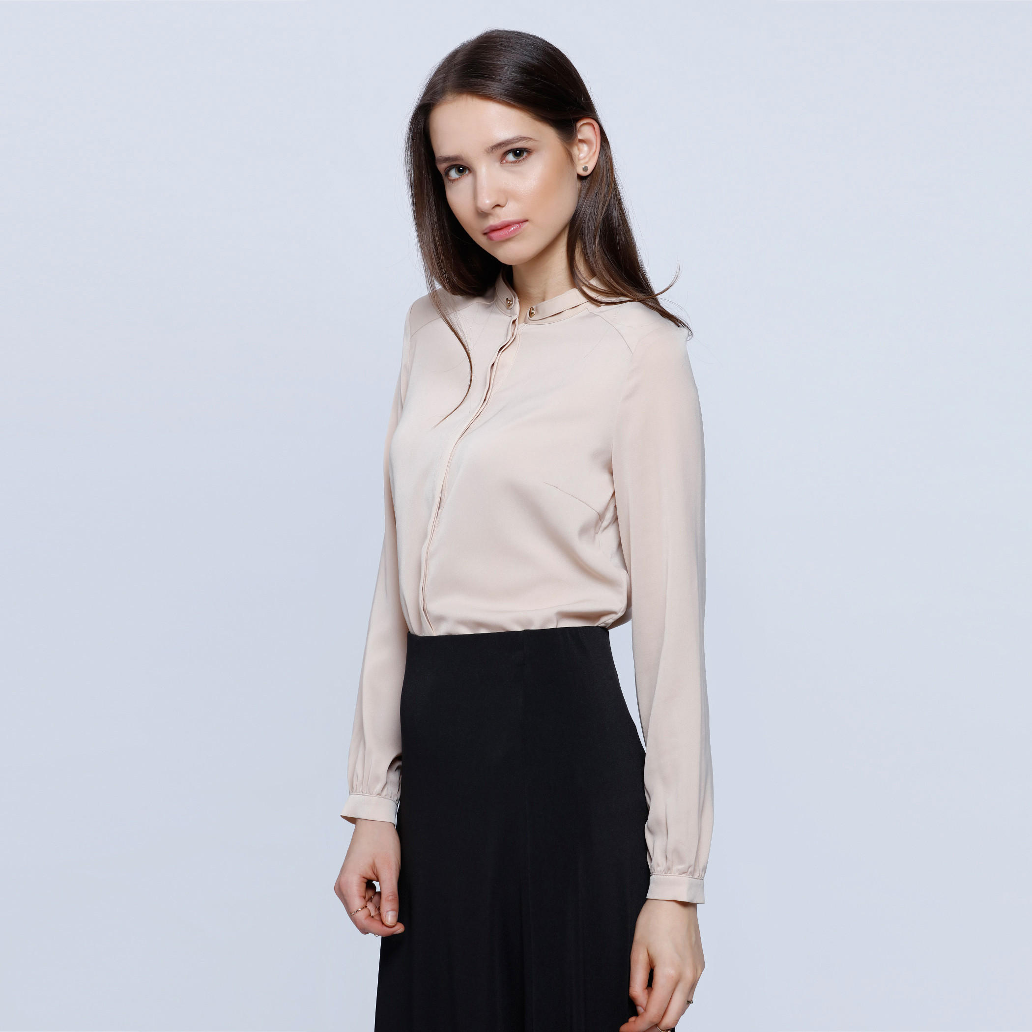 Mandarin Collar Shirt with Buttoned Lapel and Long Sleeves-women-clothing-shirtsandblouses-blouses-image-3