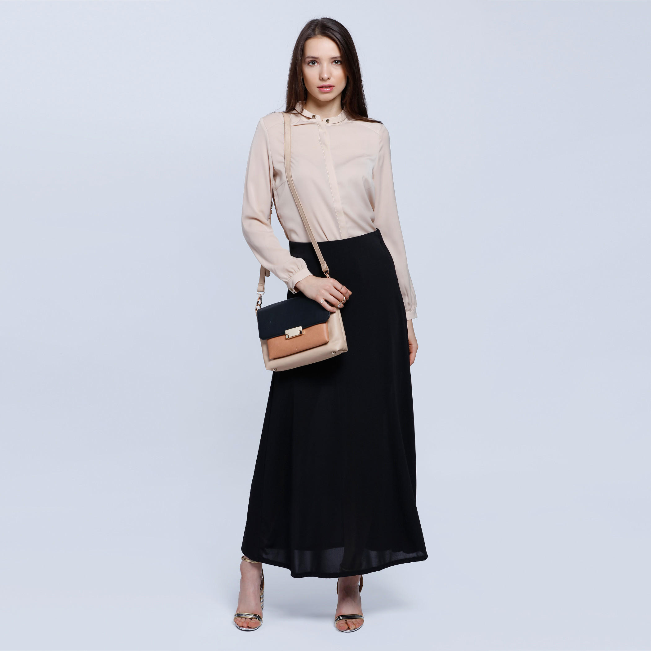 Mandarin Collar Shirt with Buttoned Lapel and Long Sleeves-women-clothing-shirtsandblouses-blouses-image-5