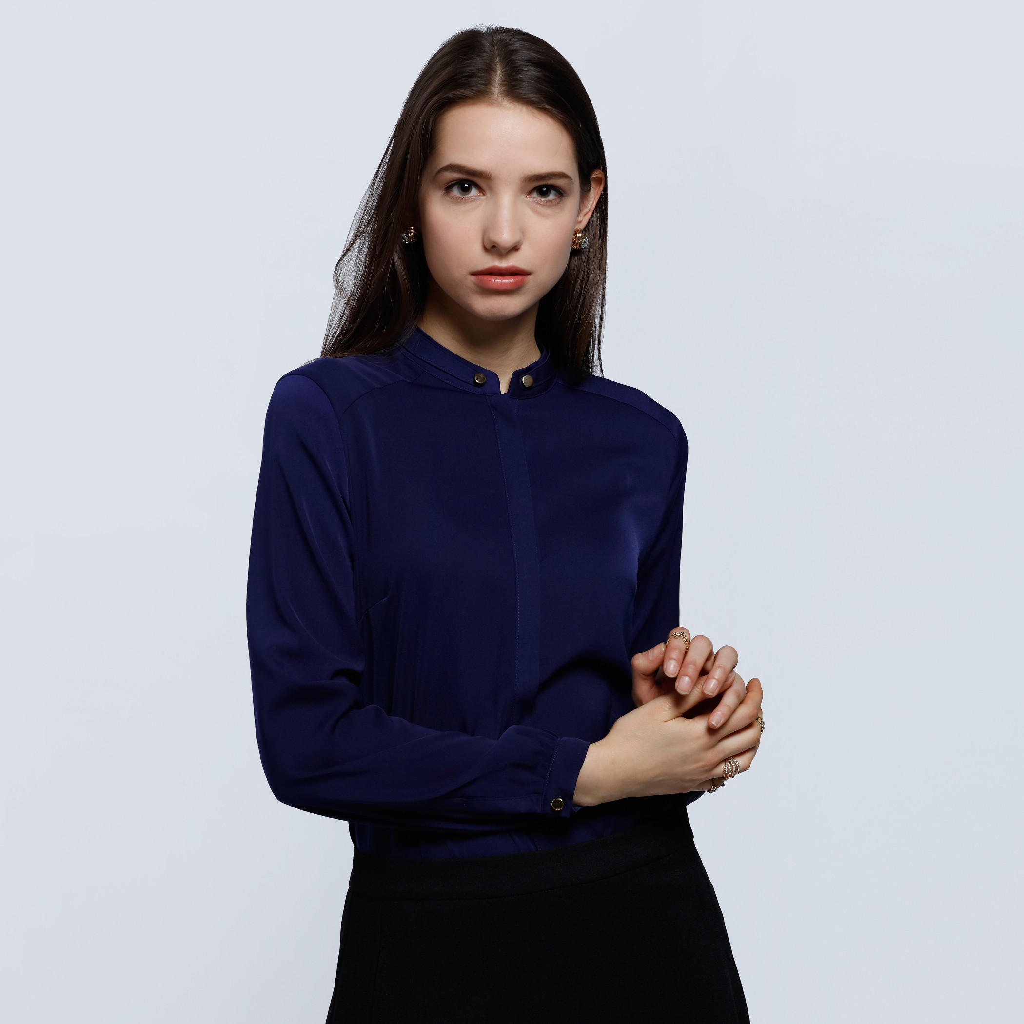 Mandarin Collar Shirt with Buttoned Lapel and Long Sleeves-women-clothing-shirtsandblouses-blouses-image-6