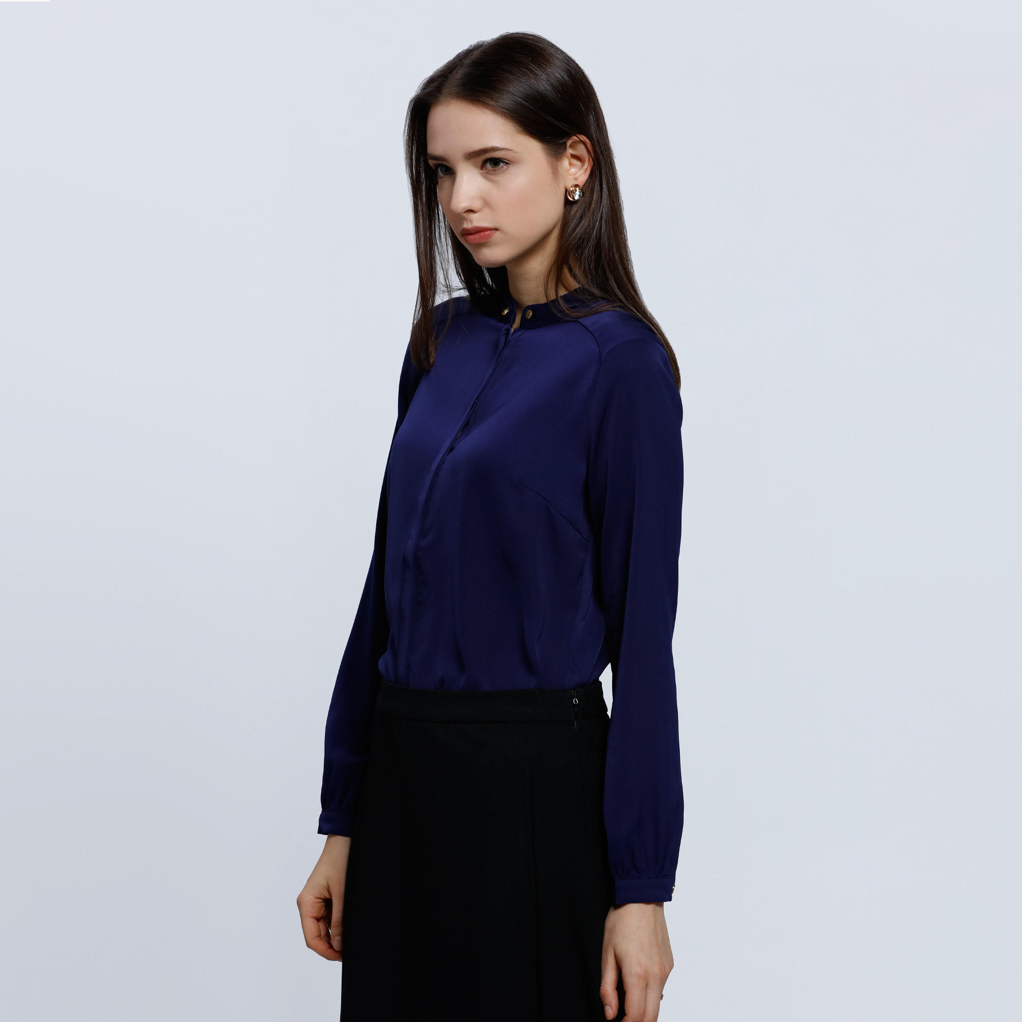 Mandarin Collar Shirt with Buttoned Lapel and Long Sleeves-women-clothing-shirtsandblouses-blouses-image-8