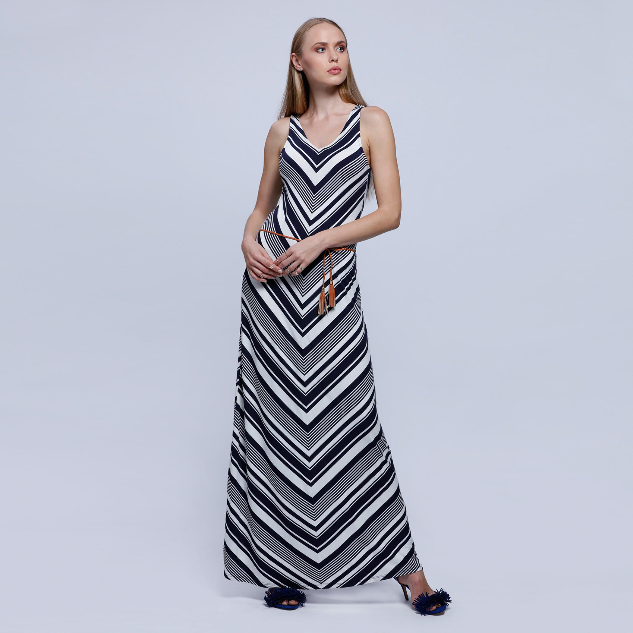 Striped Dress with V-Neck and Tie Up -women-clothing-dresses-image-4
