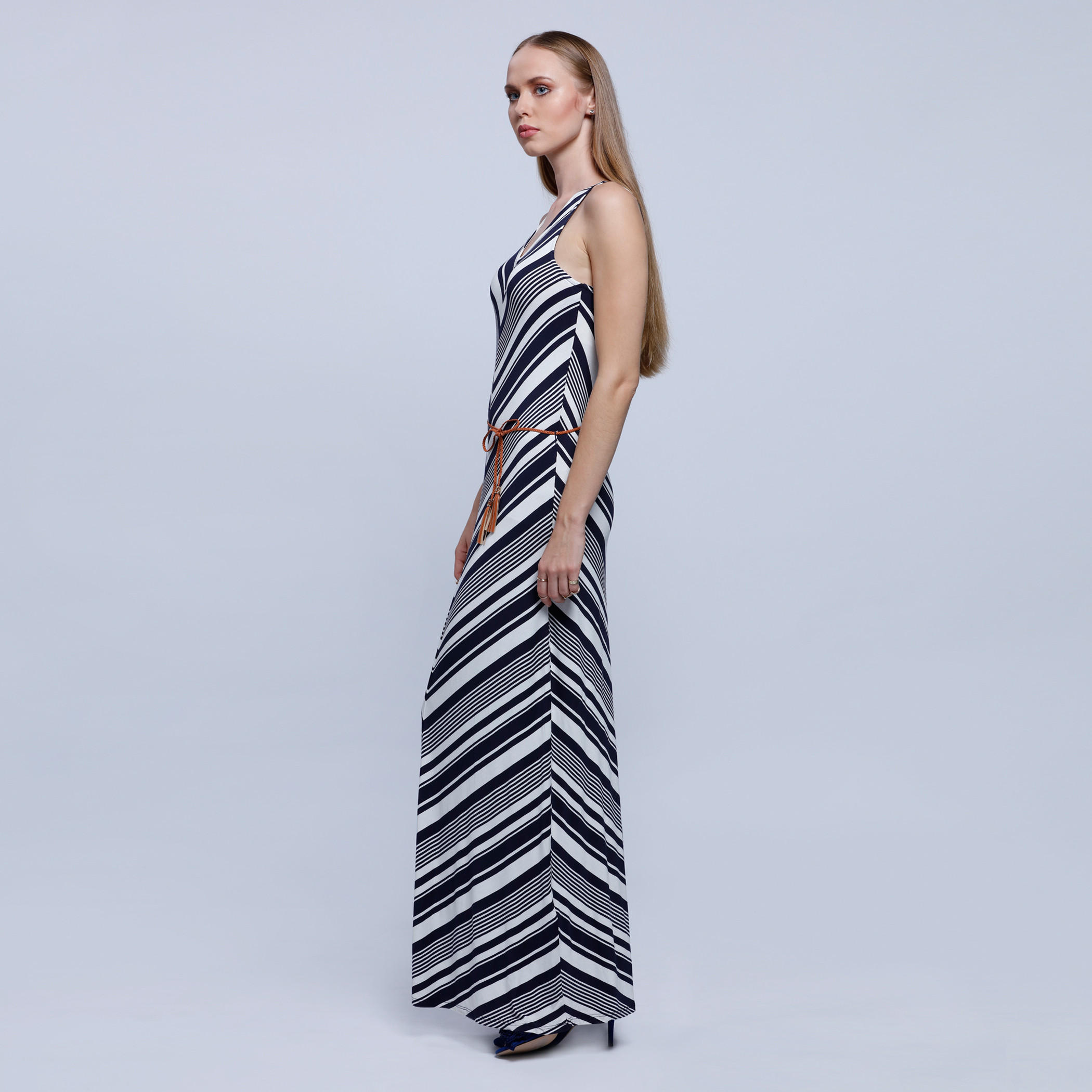 Striped Dress with V-Neck and Tie Up -women-clothing-dresses-image-2