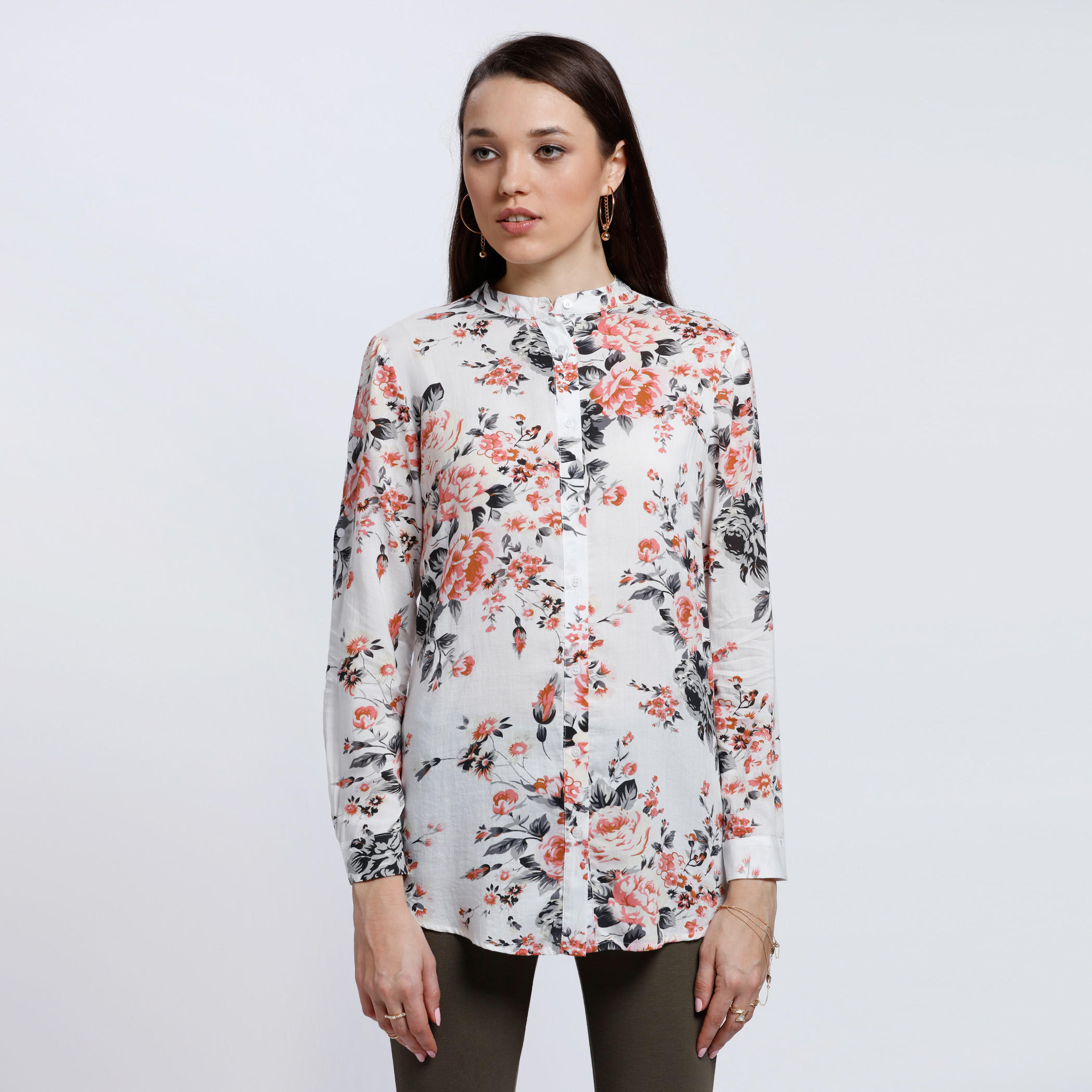 Printed Shirt with Mandarin Collar and Long Sleeves-women-clothing-shirtsandblouses-blouses-image-5