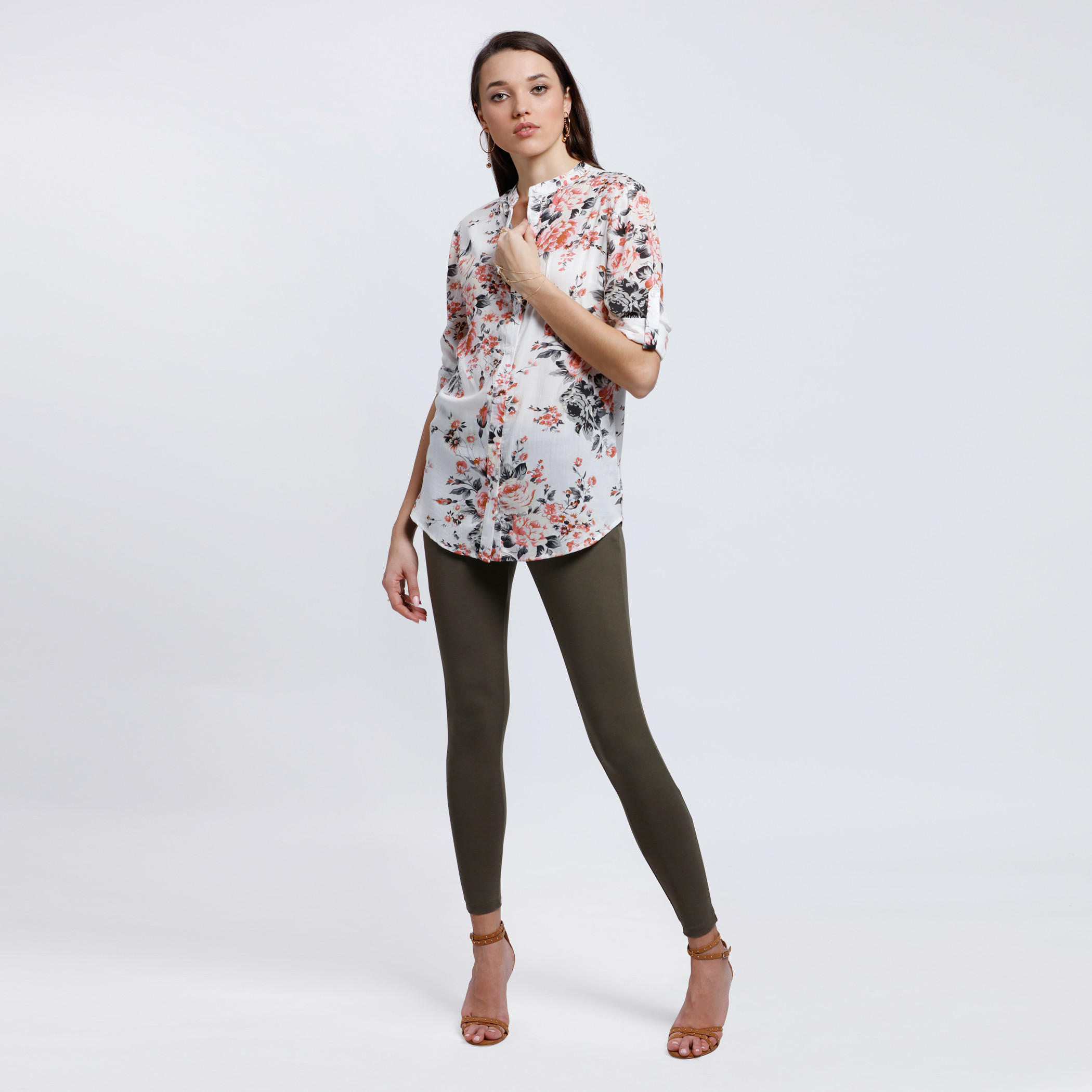 Printed Shirt with Mandarin Collar and Long Sleeves-women-clothing-shirtsandblouses-blouses-image-1