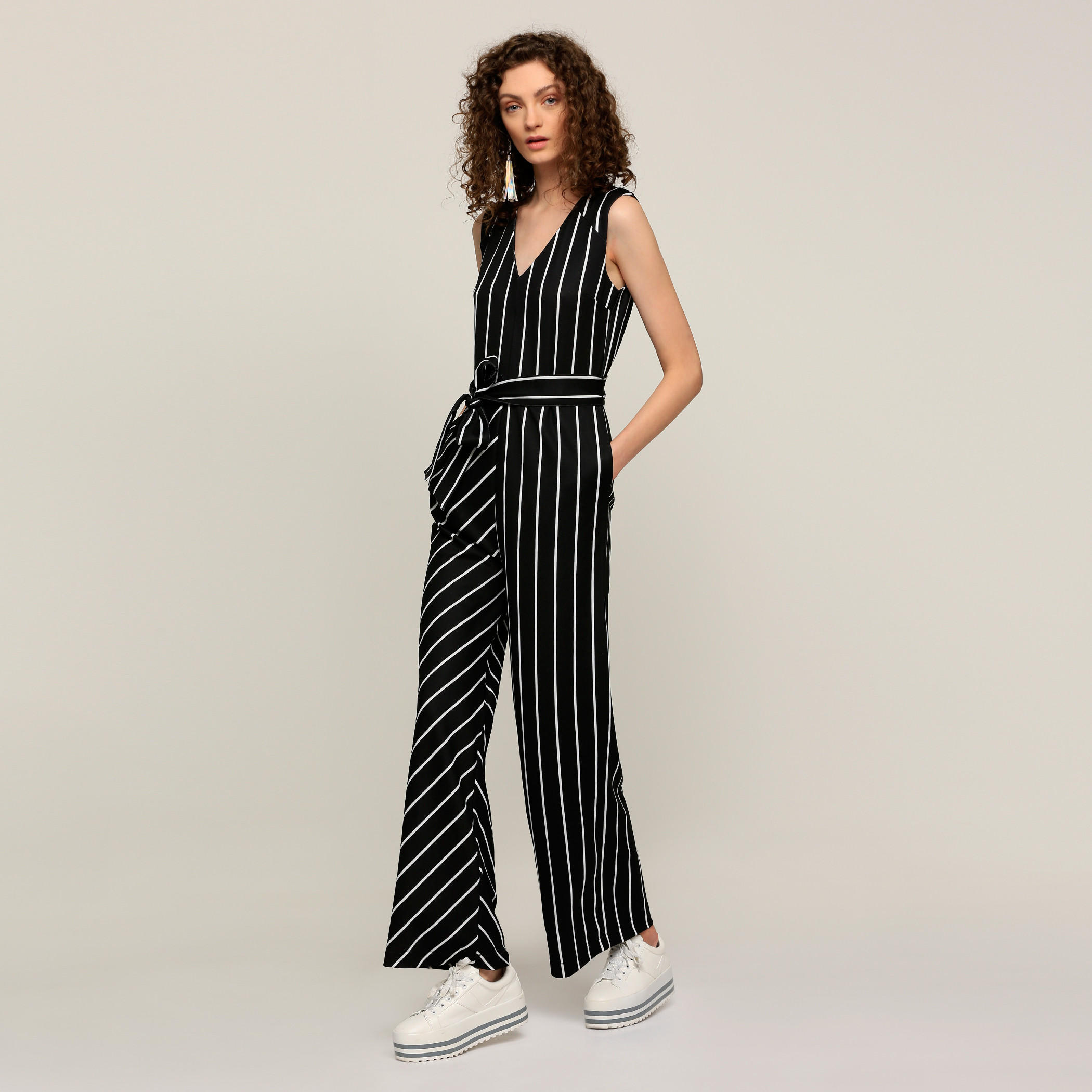 Striped V-Neck Jumpsuit with Tie-Up Closure-women-clothing-jumpsuits-image-1