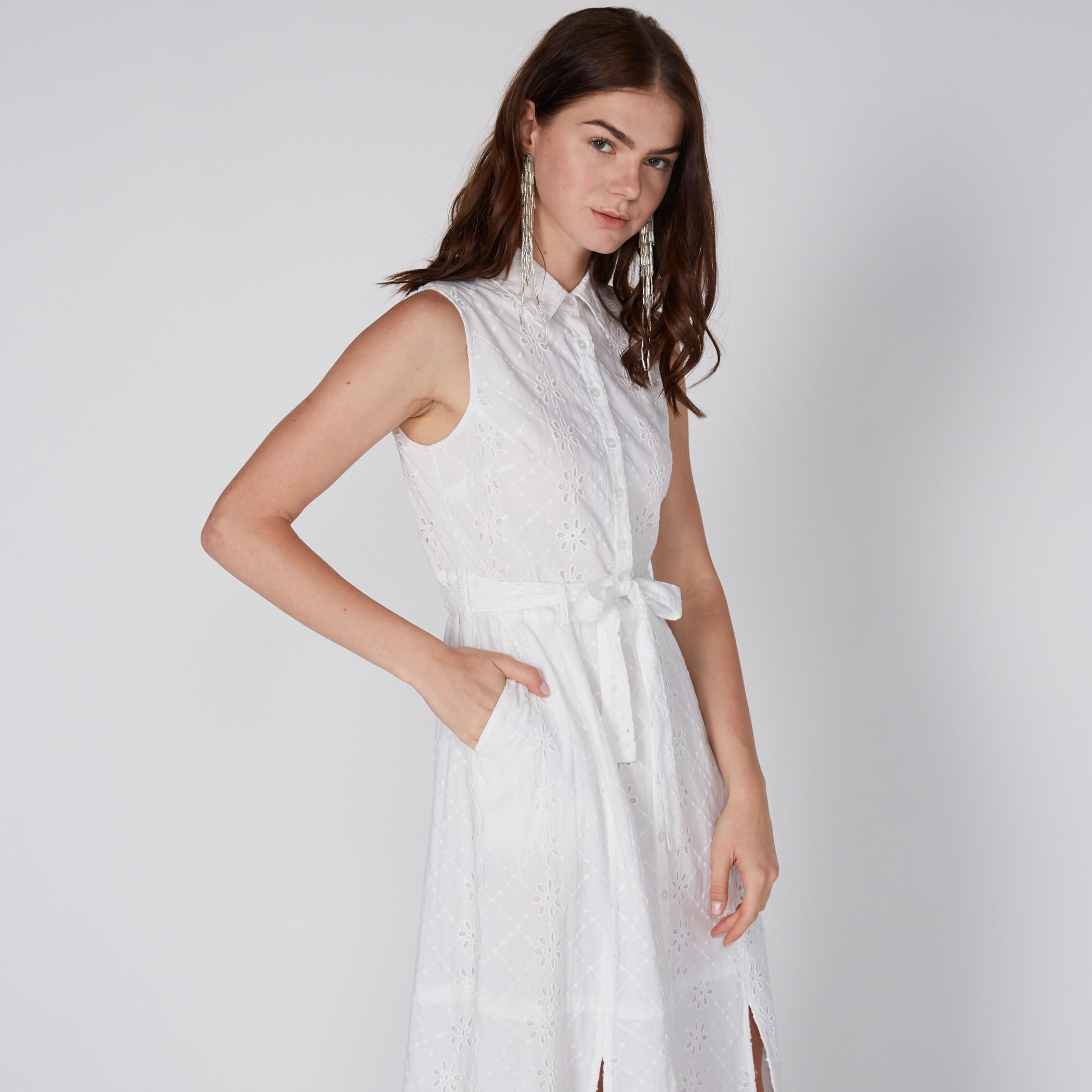 فستان متوسط الطول دون أكمام برباط وتفاصيل شيفلي-women-clothing-dresses-image-1