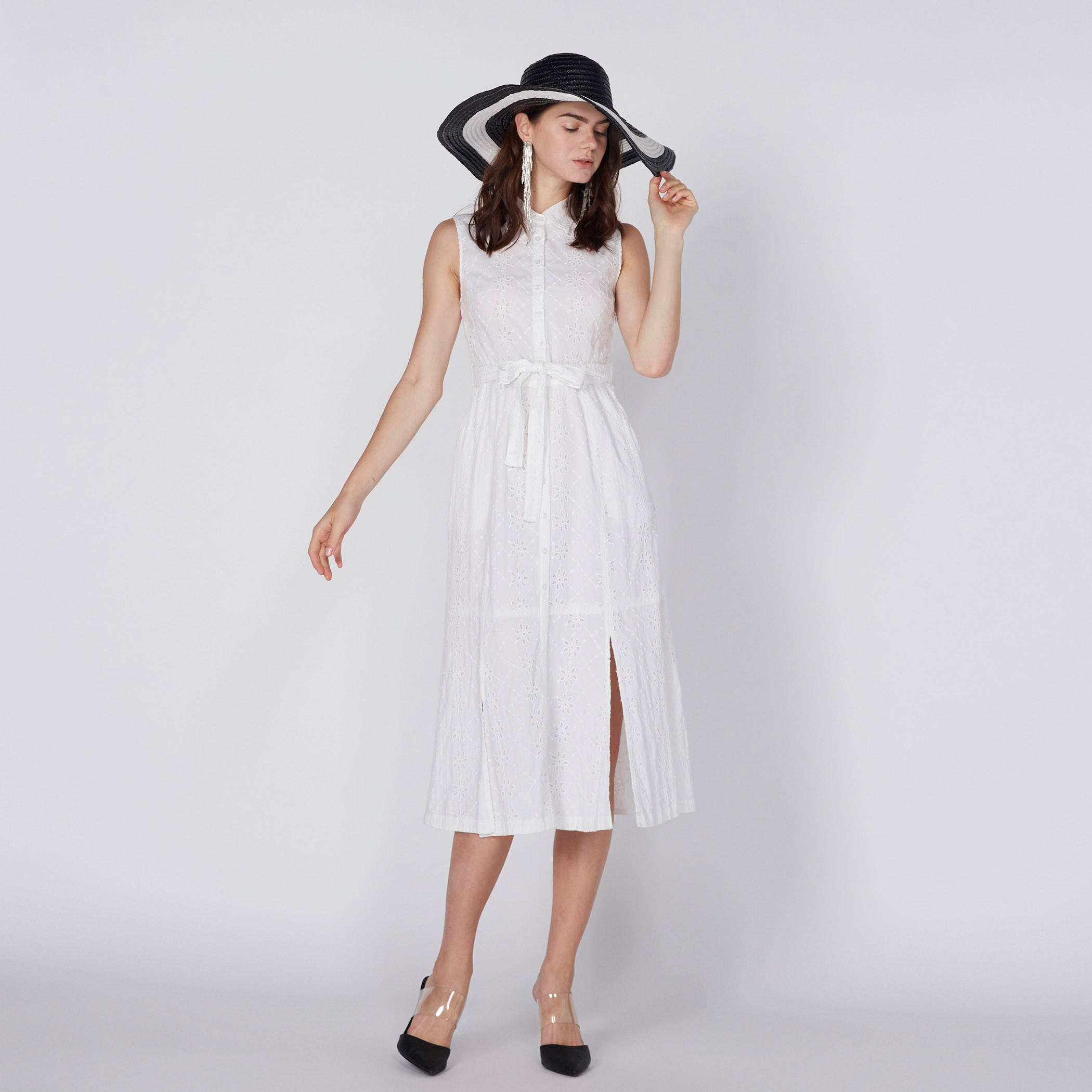 فستان متوسط الطول دون أكمام برباط وتفاصيل شيفلي-women-clothing-dresses-image-3